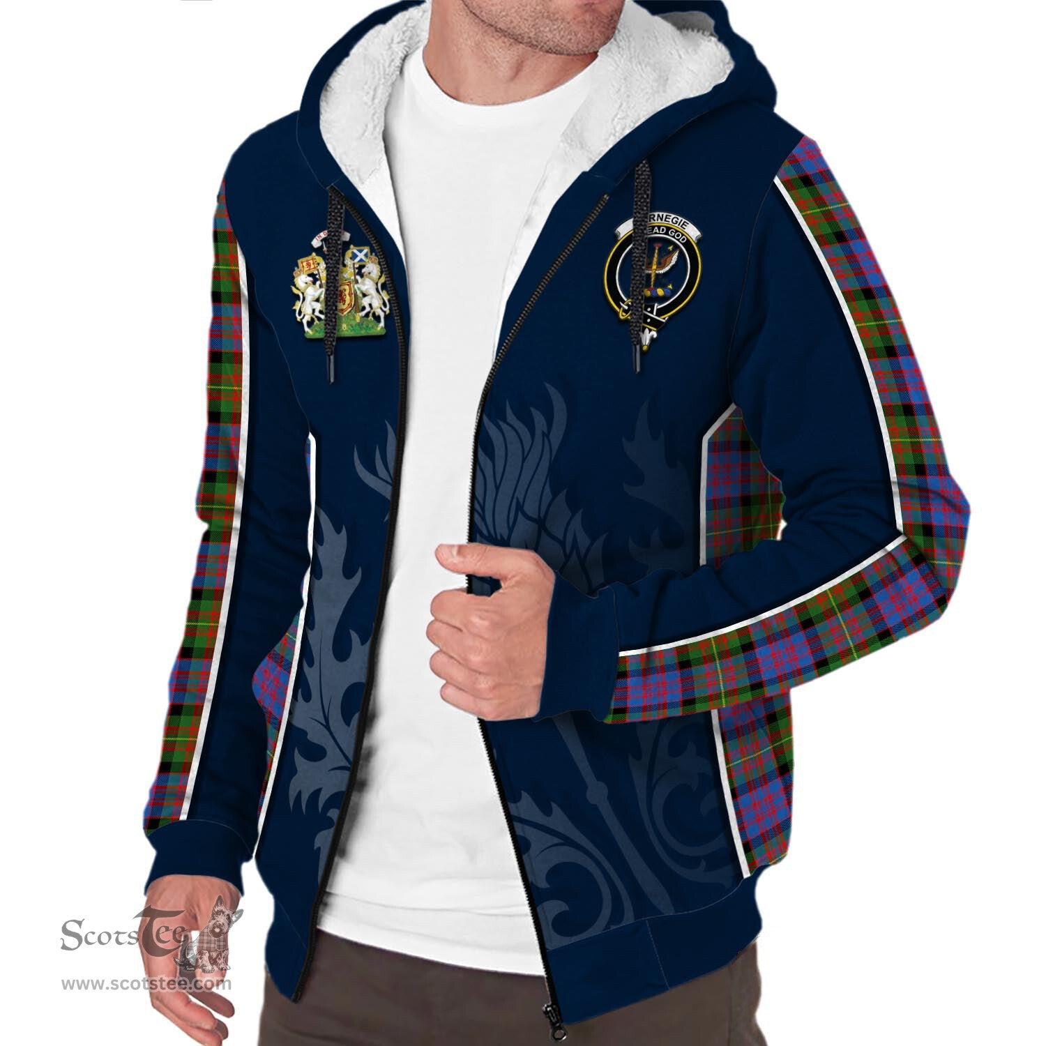 ScotsTee Shop Scottish Carnegie Ancient Clan Scottish Crest and Scottish Thistle Sport Tartan Sherpa Hoodie