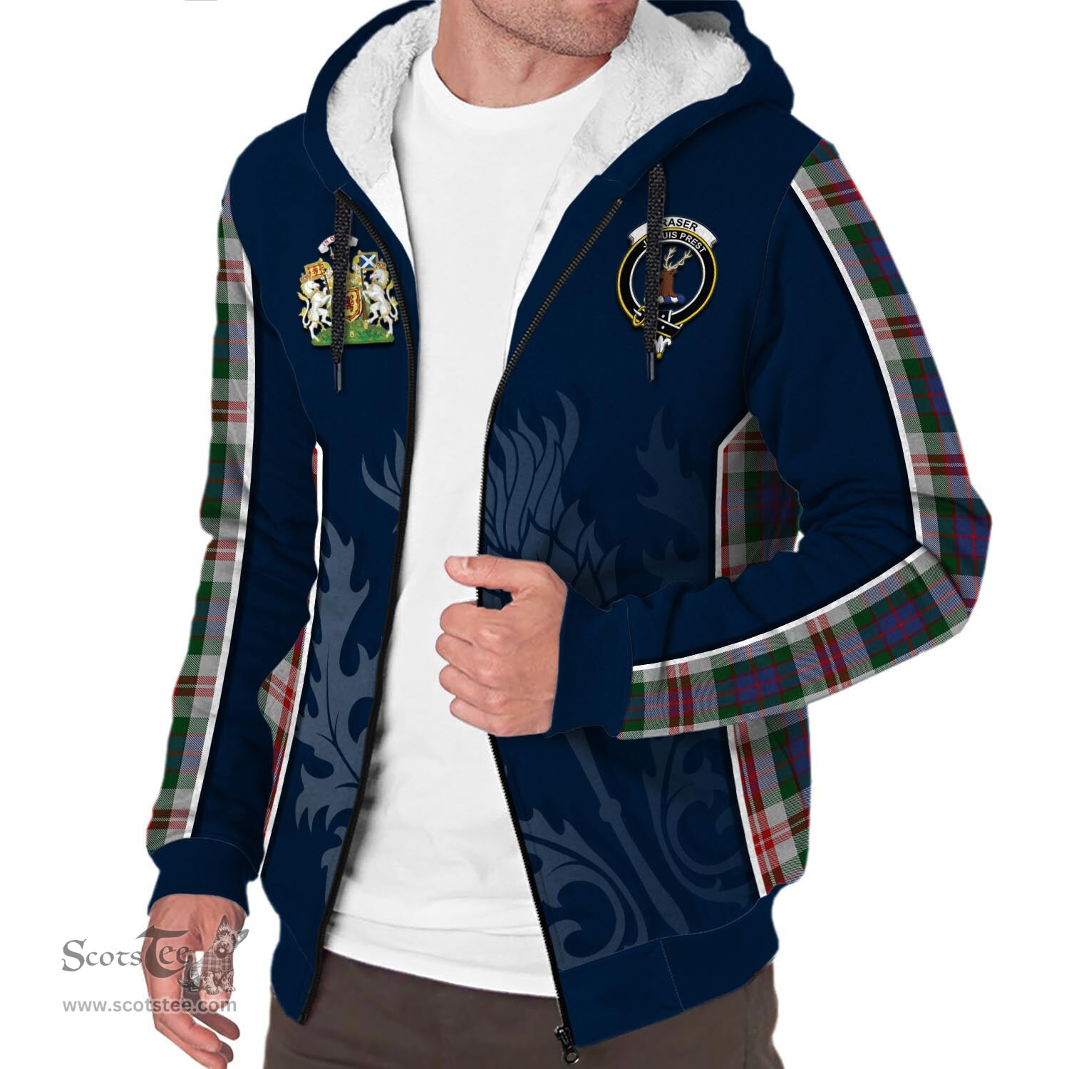 ScotsTee Shop Scottish Fraser Red Dress Clan Scottish Crest and Scottish Thistle Sport Tartan Sherpa Hoodie