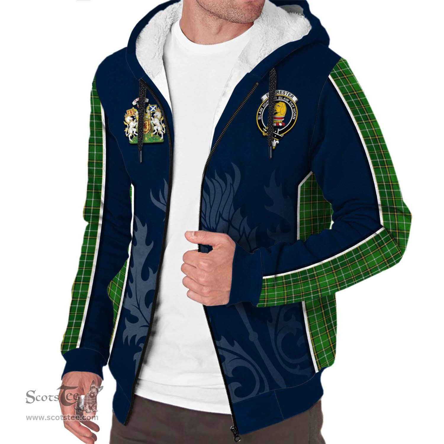 ScotsTee Shop Scottish Forrester or Foster Hunting Clan Scottish Crest and Scottish Thistle Sport Tartan Sherpa Hoodie
