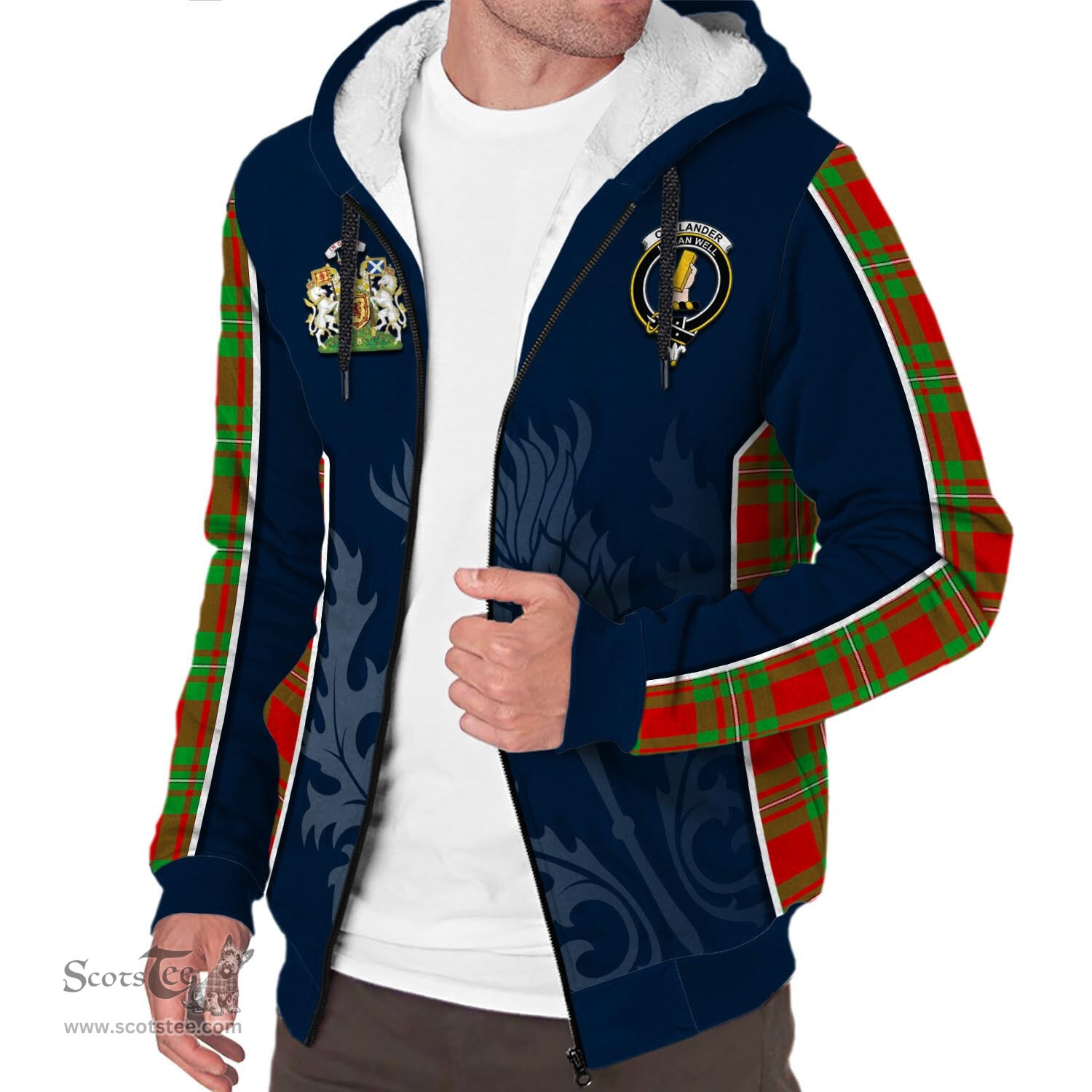 ScotsTee Shop Scottish Callander Modern Clan Scottish Crest and Scottish Thistle Sport Tartan Sherpa Hoodie