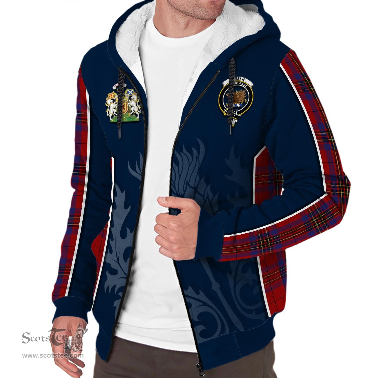 ScotsTee Shop Scottish Leslie Red Clan Scottish Crest and Scottish Thistle Sport Tartan Sherpa Hoodie