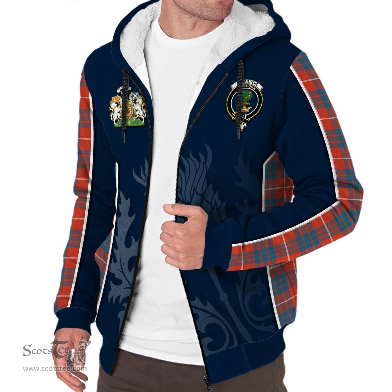 ScotsTee Shop Scottish Hamilton Ancient Clan Scottish Crest and Scottish Thistle Sport Tartan Sherpa Hoodie