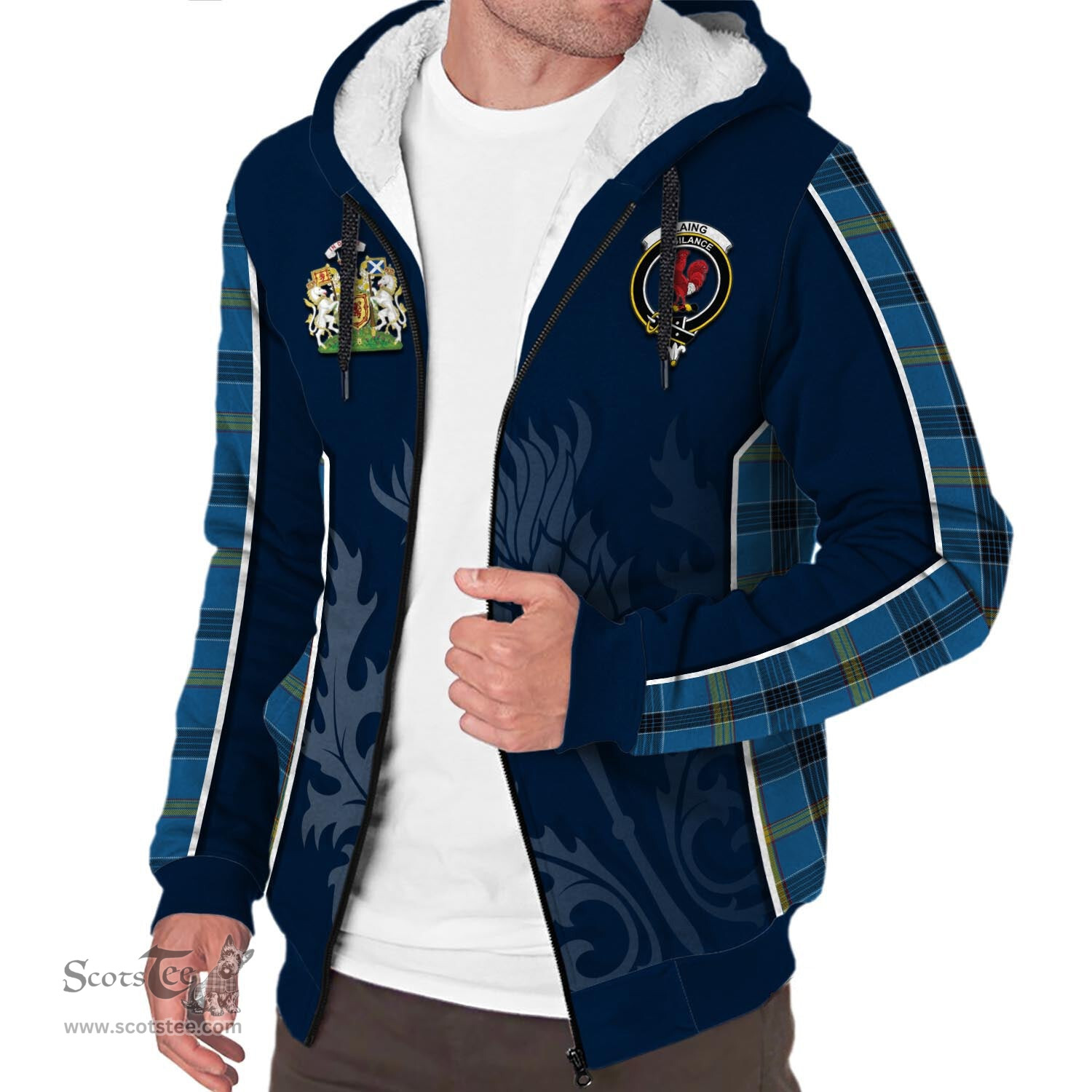 ScotsTee Shop Scottish Laing Clan Scottish Crest and Scottish Thistle Sport Tartan Sherpa Hoodie