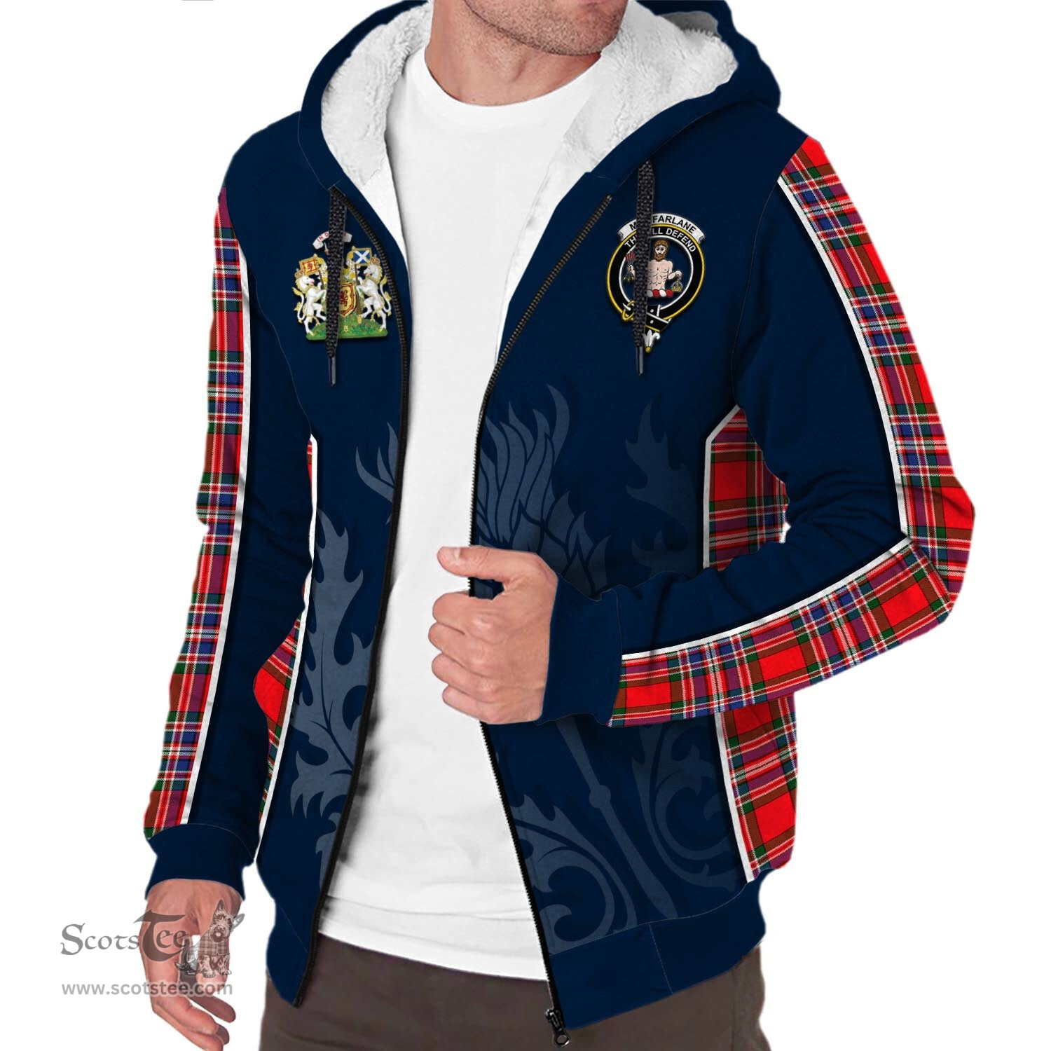 ScotsTee Shop Scottish MacFarlane Modern Clan Scottish Crest and Scottish Thistle Sport Tartan Sherpa Hoodie