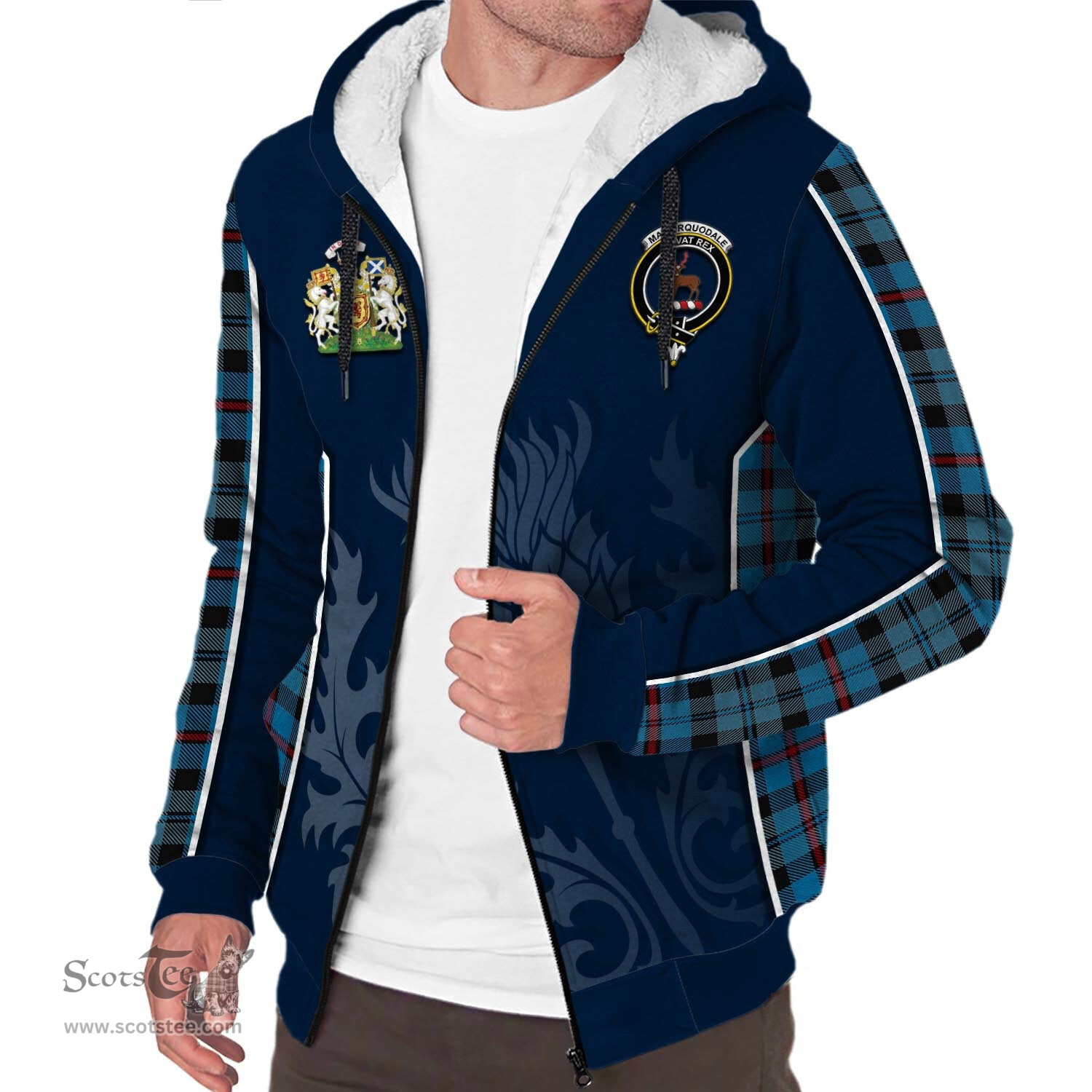 ScotsTee Shop Scottish MacCorquodale Clan Scottish Crest and Scottish Thistle Sport Tartan Sherpa Hoodie
