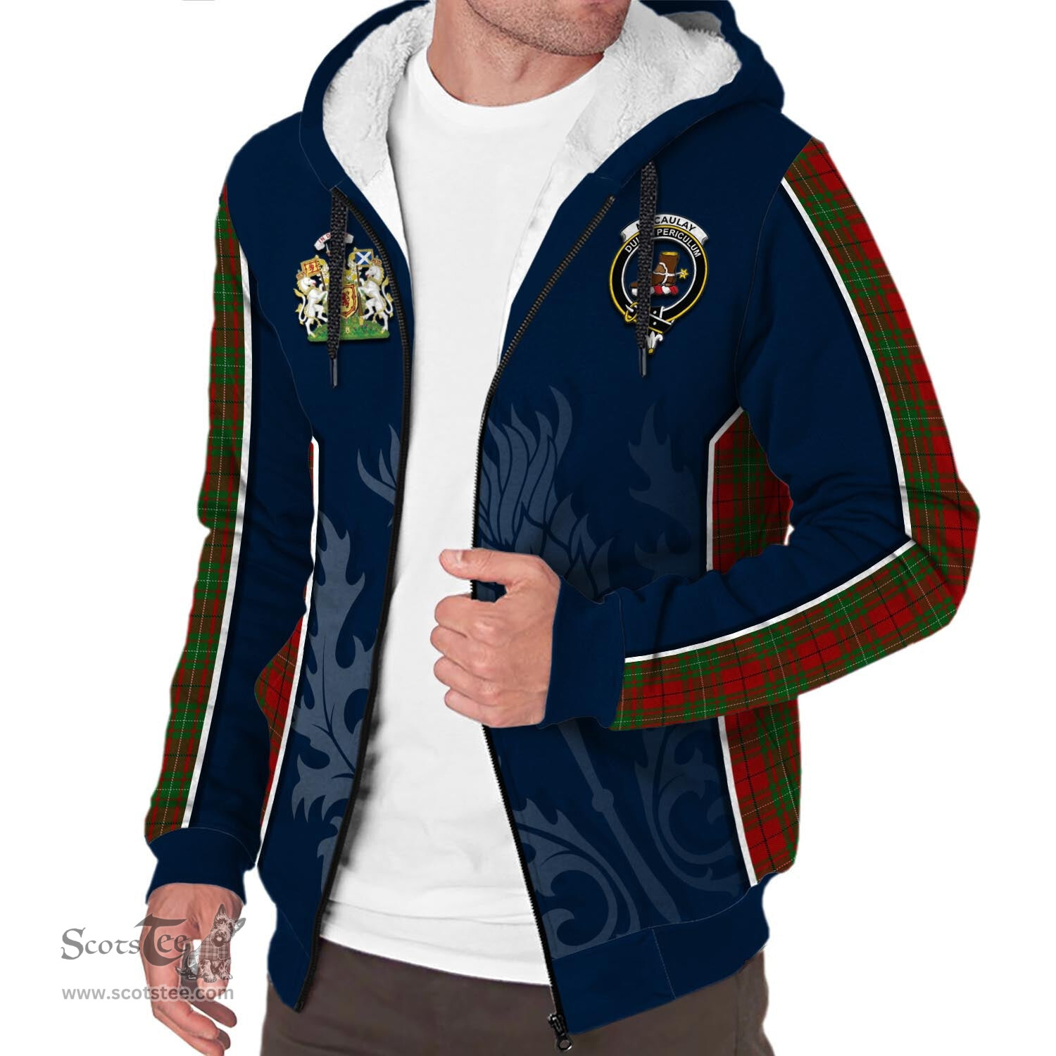 ScotsTee Shop Scottish MacAulay Clan Scottish Crest and Scottish Thistle Sport Tartan Sherpa Hoodie