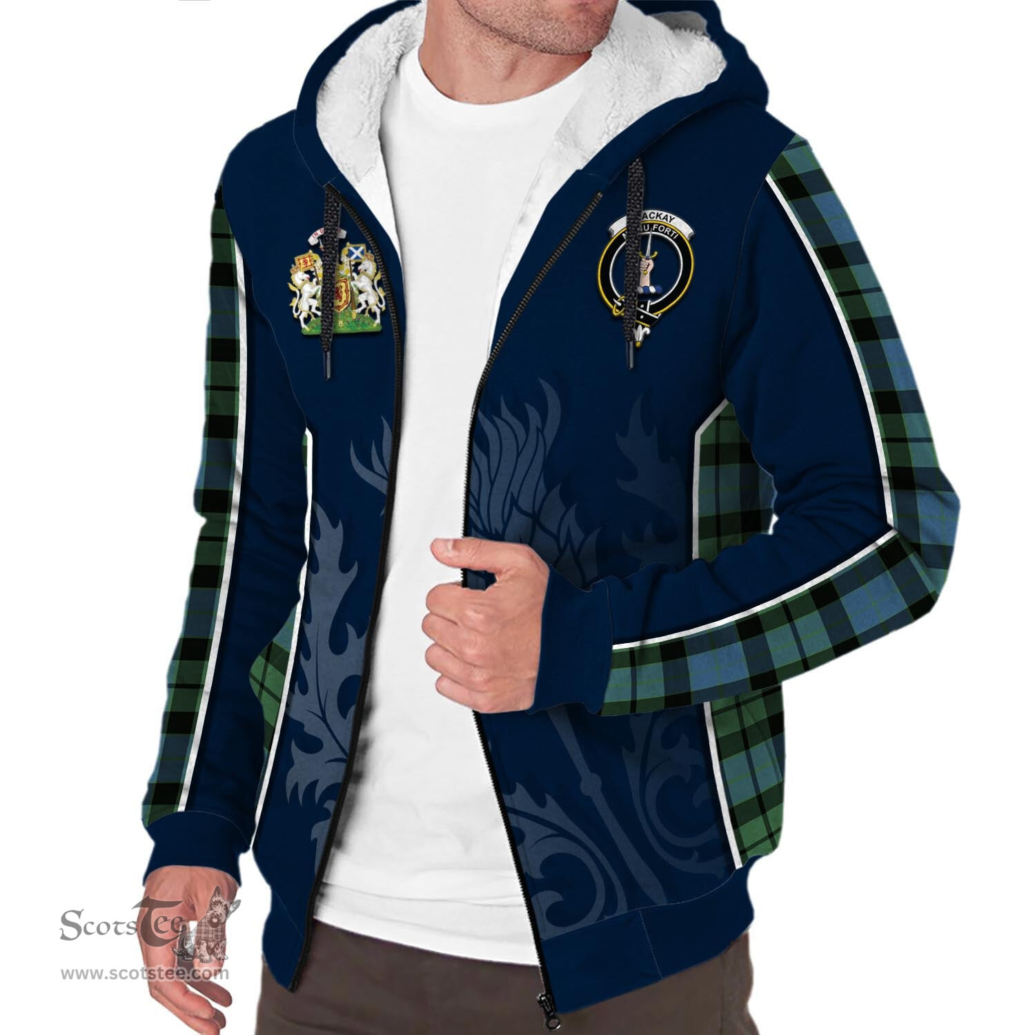 ScotsTee Shop Scottish MacKay Ancient Clan Scottish Crest and Scottish Thistle Sport Tartan Sherpa Hoodie