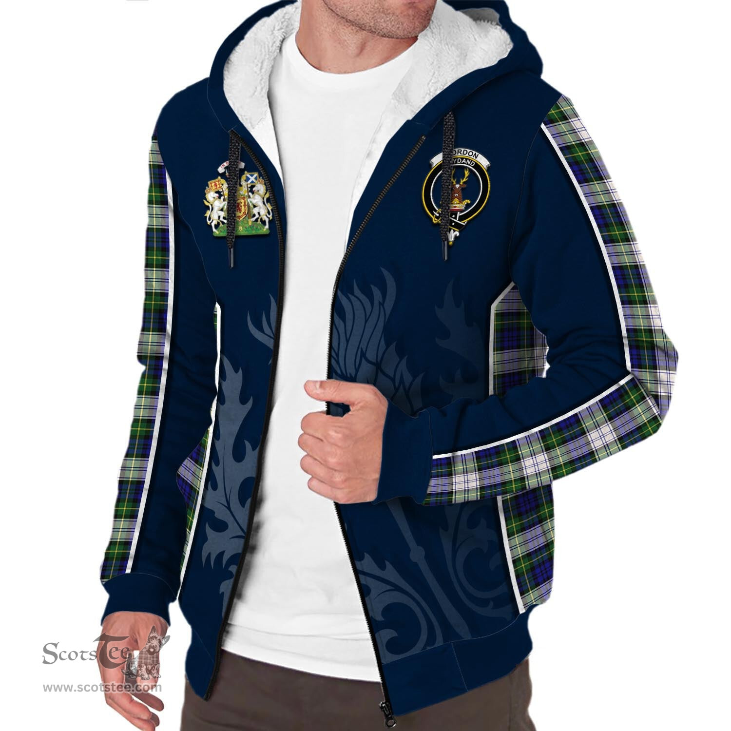ScotsTee Shop Scottish Gordon Dress Modern Clan Scottish Crest and Scottish Thistle Sport Tartan Sherpa Hoodie