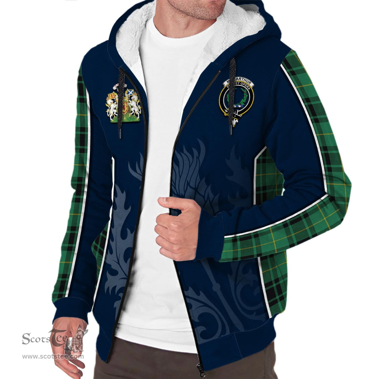 ScotsTee Shop Scottish MacArthur Ancient Clan Scottish Crest and Scottish Thistle Sport Tartan Sherpa Hoodie