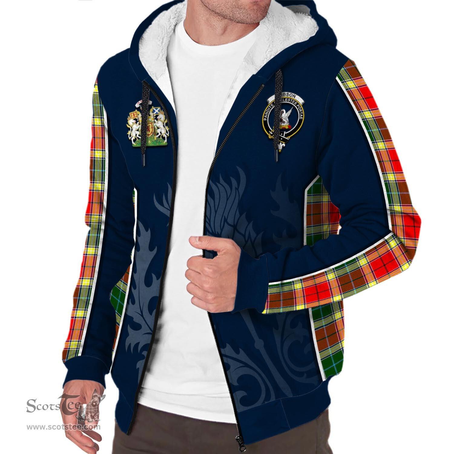 ScotsTee Shop Scottish Gibsone (Gibson-Gibbs) Clan Scottish Crest and Scottish Thistle Sport Tartan Sherpa Hoodie