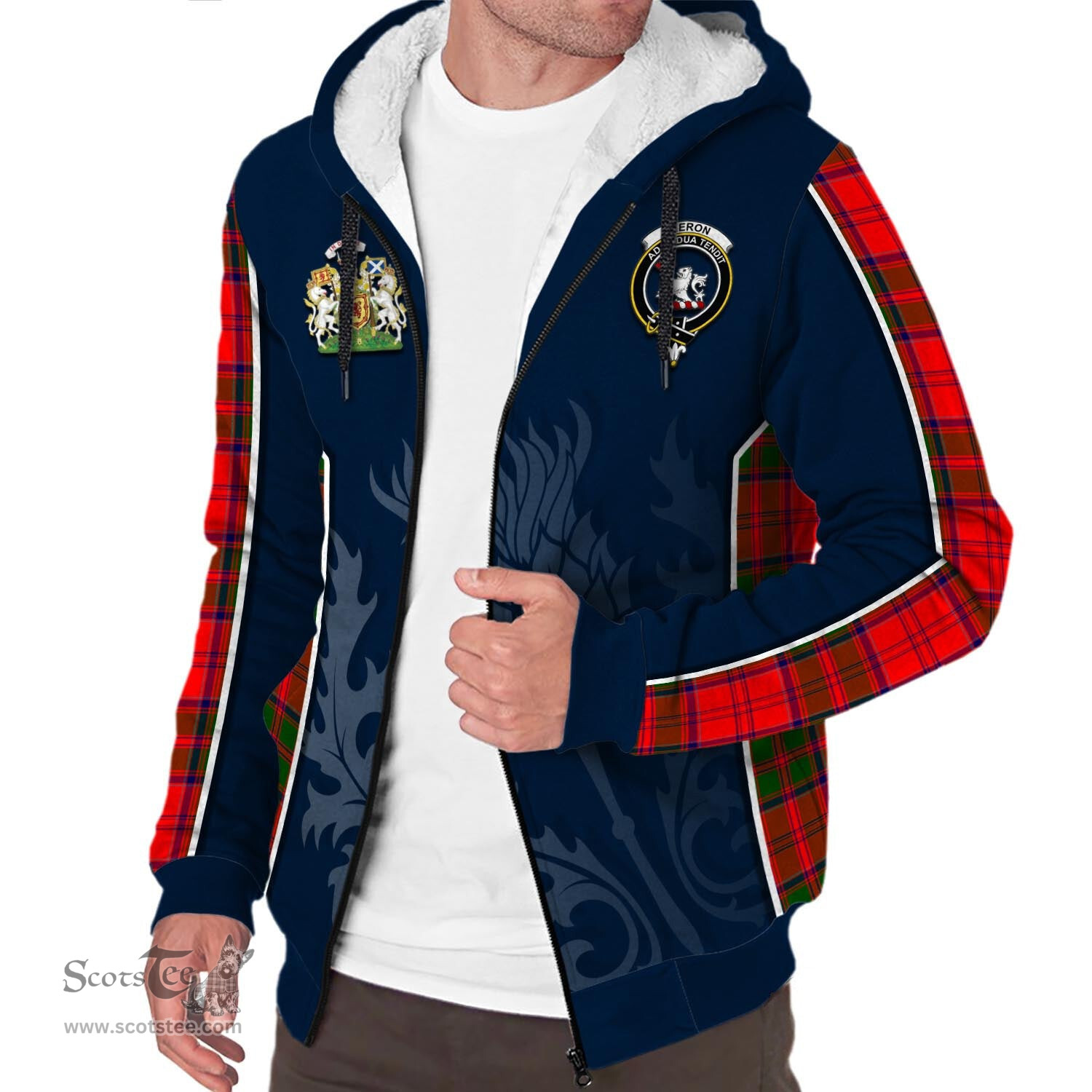 ScotsTee Shop Scottish Heron Clan Scottish Crest and Scottish Thistle Sport Tartan Sherpa Hoodie