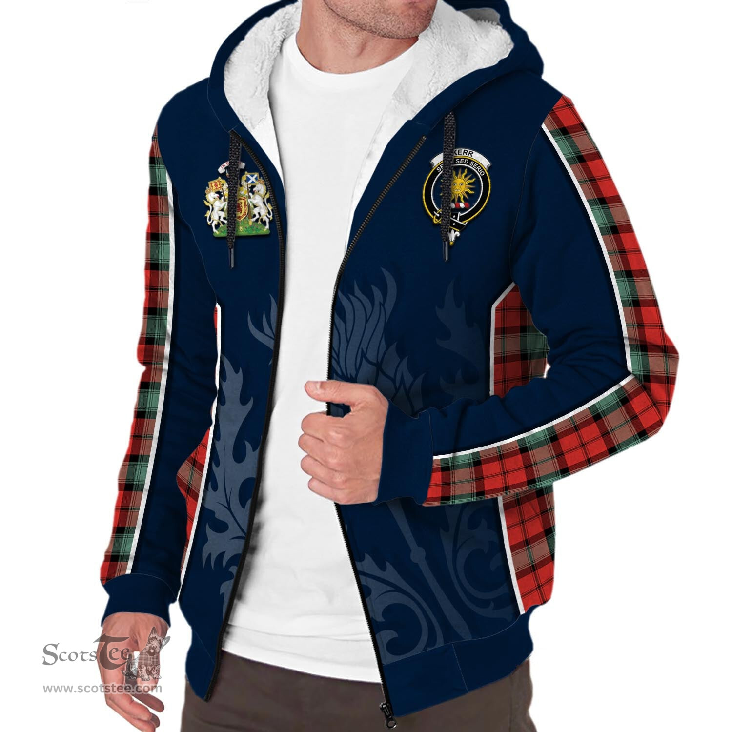 ScotsTee Shop Scottish Kerr Ancient Clan Scottish Crest and Scottish Thistle Sport Tartan Sherpa Hoodie
