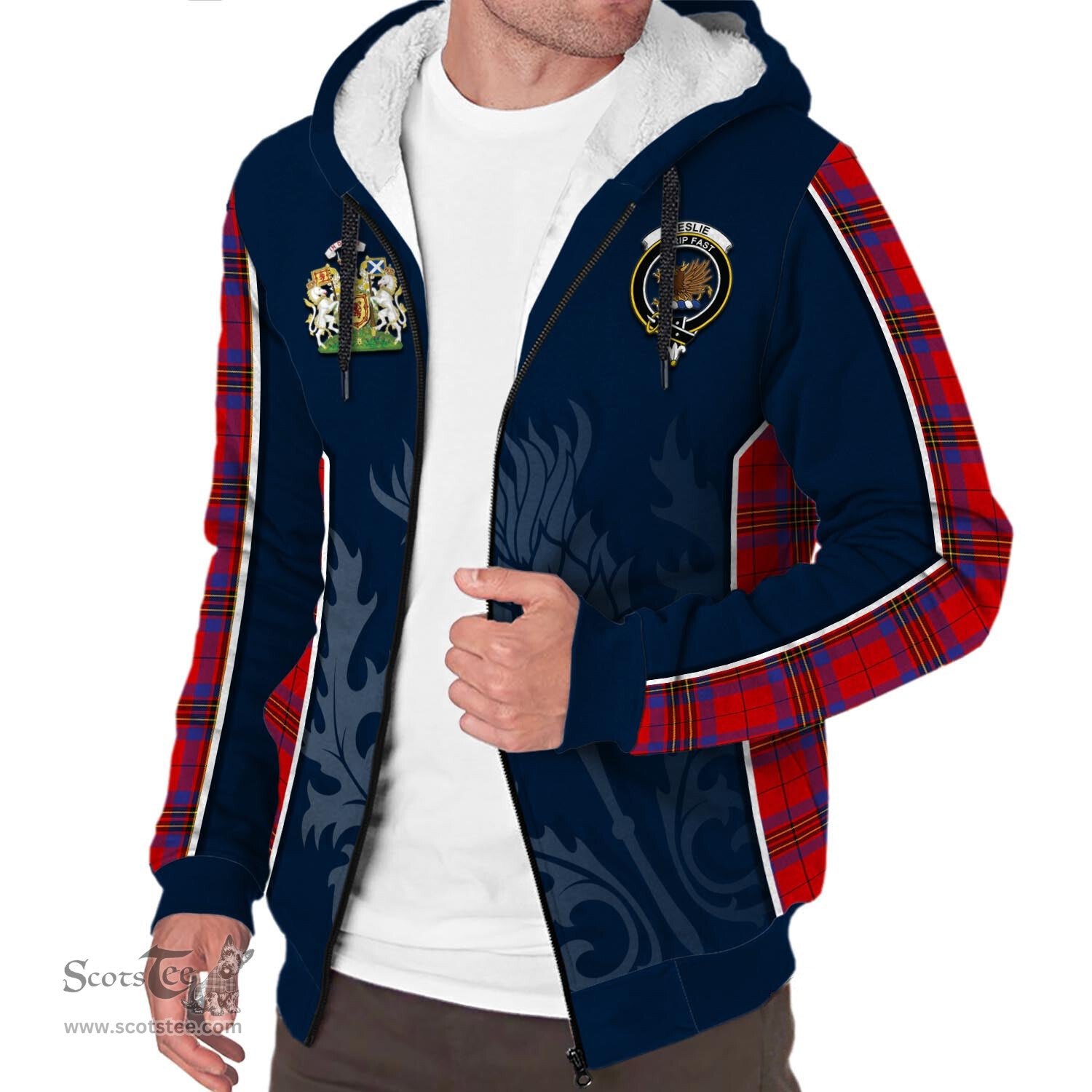 ScotsTee Shop Scottish Leslie Modern Clan Scottish Crest and Scottish Thistle Sport Tartan Sherpa Hoodie