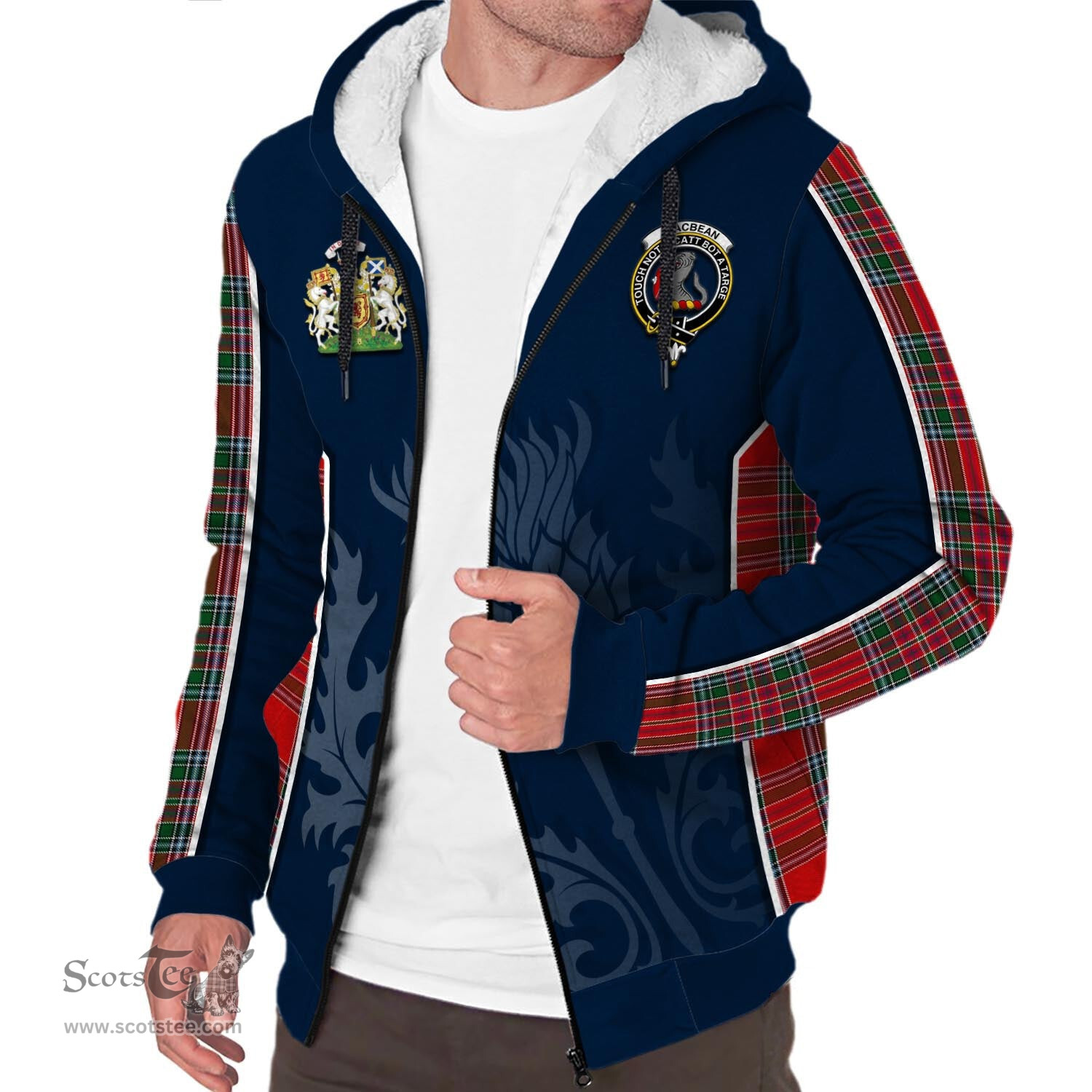 ScotsTee Shop Scottish MacBean Clan Scottish Crest and Scottish Thistle Sport Tartan Sherpa Hoodie