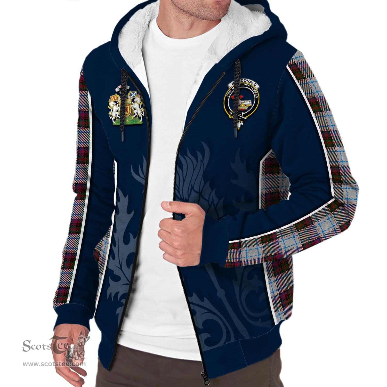 ScotsTee Shop Scottish MacDonald Dress Ancient Clan Scottish Crest and Scottish Thistle Sport Tartan Sherpa Hoodie
