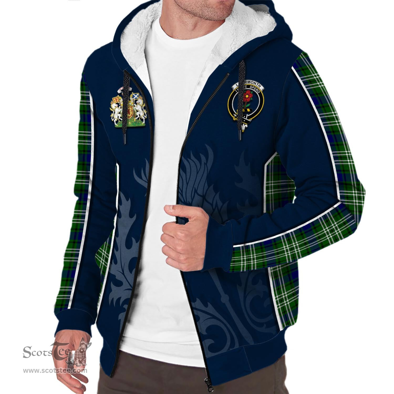 ScotsTee Shop Scottish Learmonth Clan Scottish Crest and Scottish Thistle Sport Tartan Sherpa Hoodie