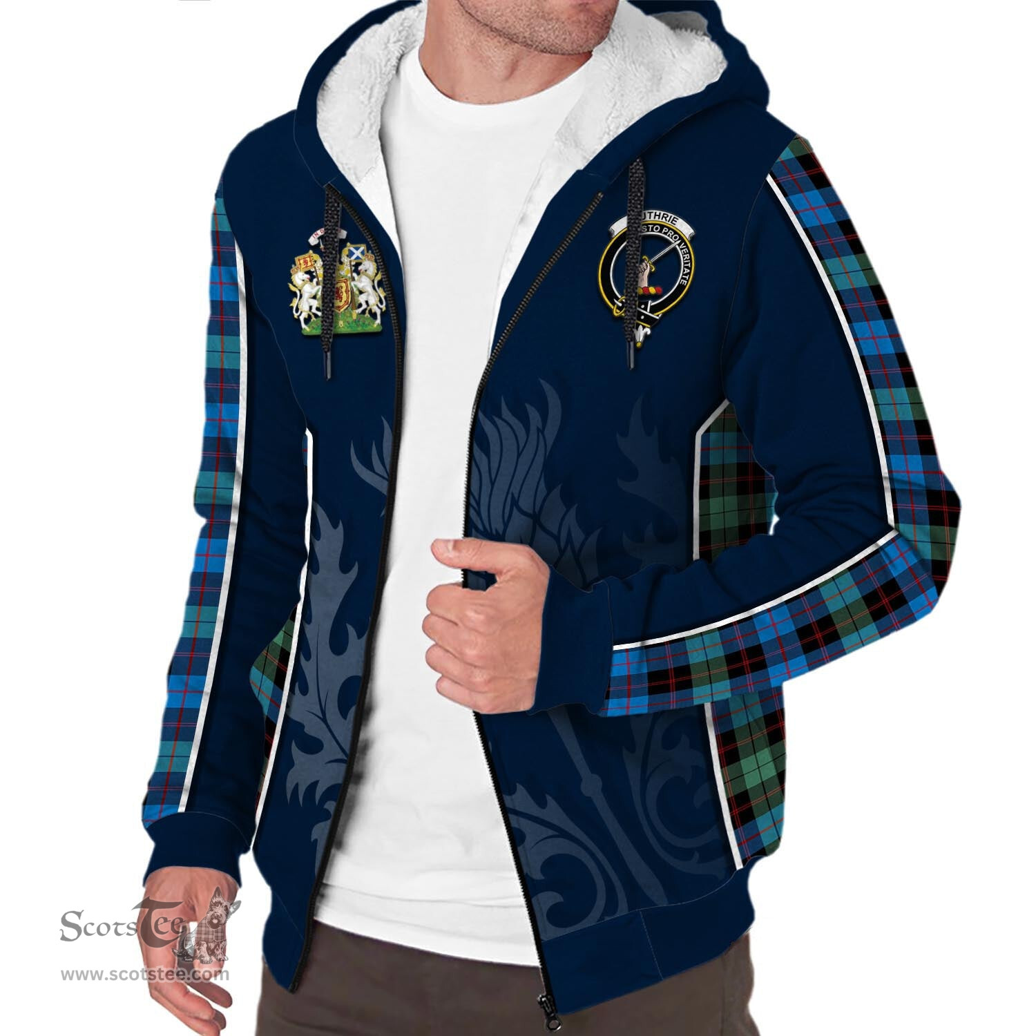 ScotsTee Shop Scottish Guthrie Ancient Clan Scottish Crest and Scottish Thistle Sport Tartan Sherpa Hoodie