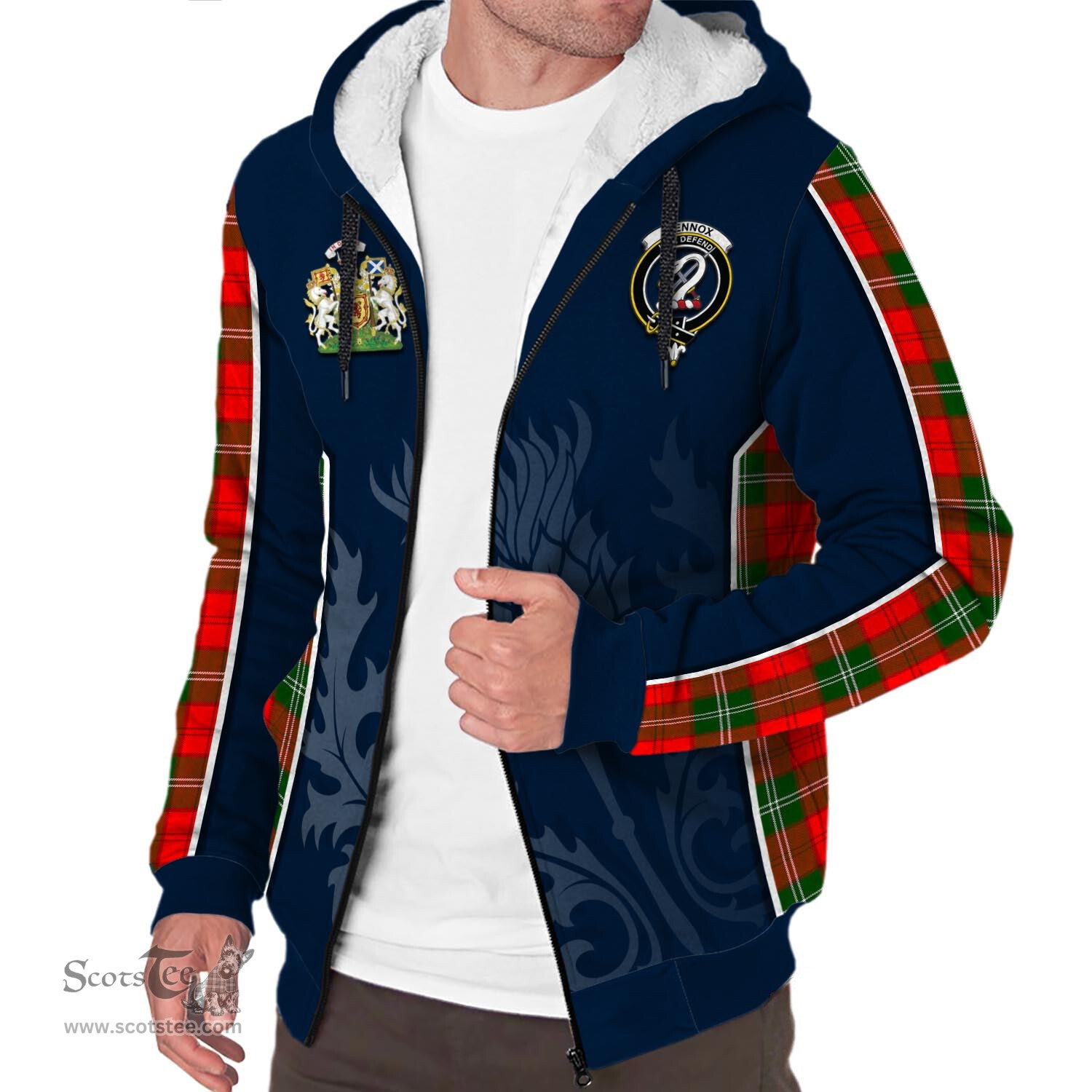 ScotsTee Shop Scottish Lennox Modern Clan Scottish Crest and Scottish Thistle Sport Tartan Sherpa Hoodie