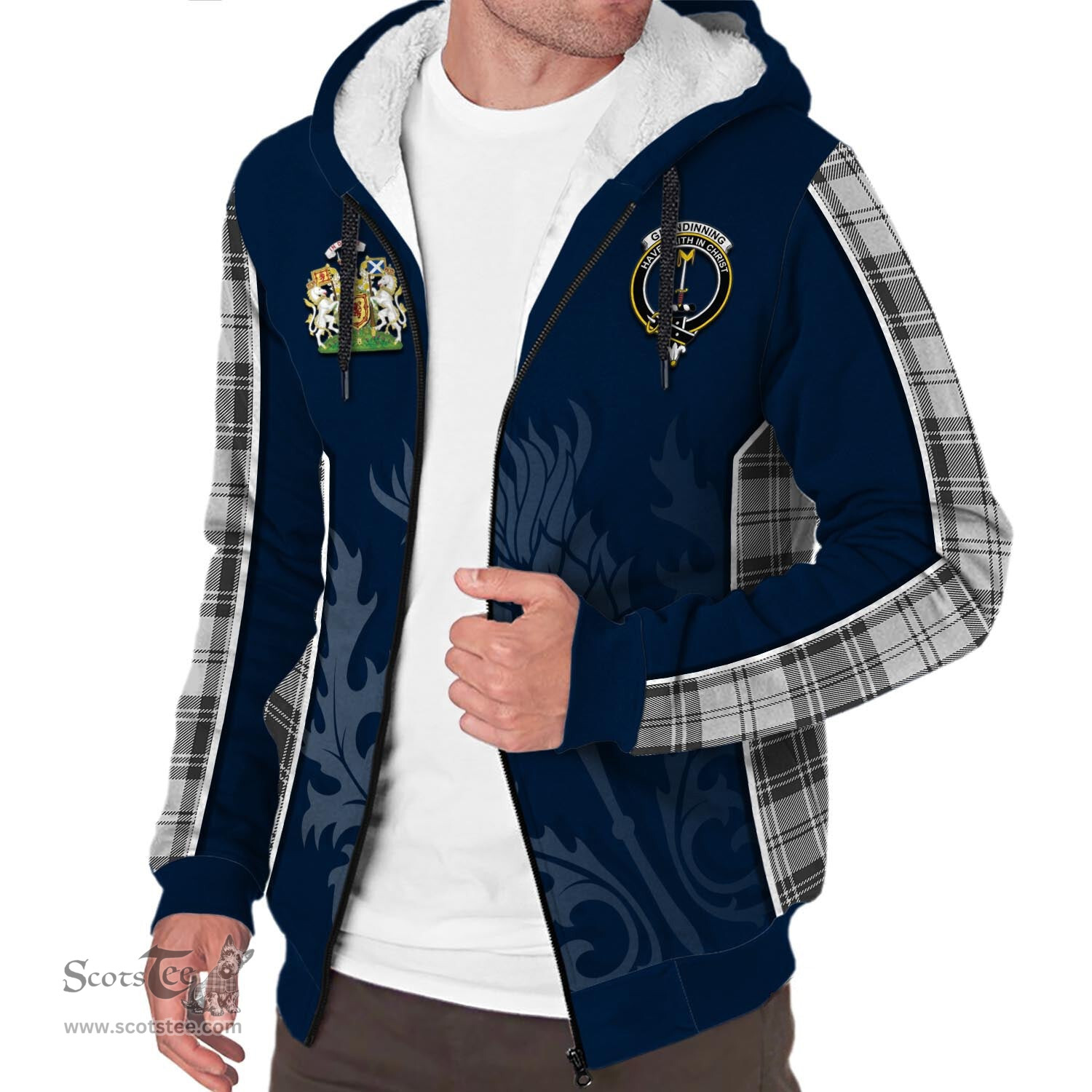 ScotsTee Shop Scottish Glendinning Clan Scottish Crest and Scottish Thistle Sport Tartan Sherpa Hoodie