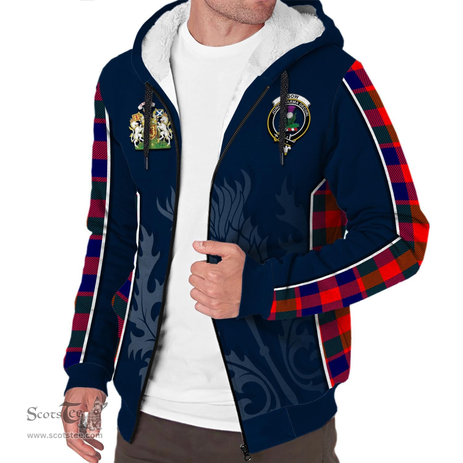 ScotsTee Shop Scottish Gow of Skeoch Clan Scottish Crest and Scottish Thistle Sport Tartan Sherpa Hoodie