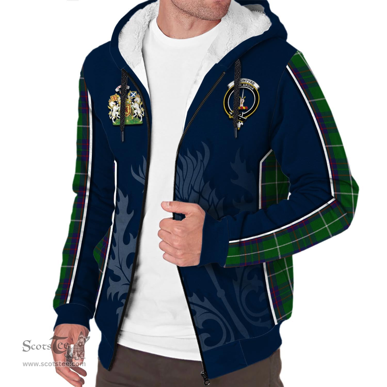 ScotsTee Shop Scottish MacIntyre Hunting Clan Scottish Crest and Scottish Thistle Sport Tartan Sherpa Hoodie