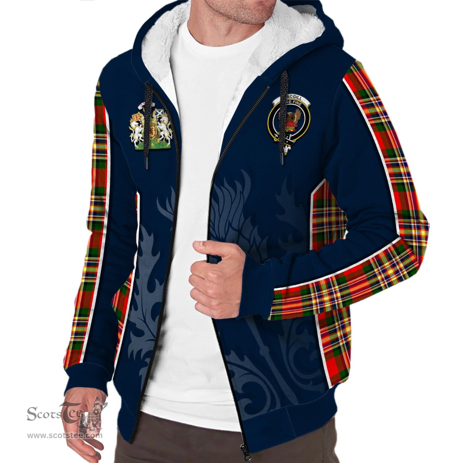 ScotsTee Shop Scottish MacGill Modern Clan Scottish Crest and Scottish Thistle Sport Tartan Sherpa Hoodie