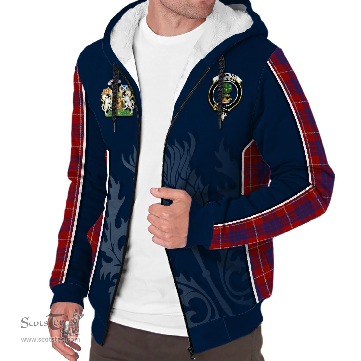 ScotsTee Shop Scottish Hamilton Clan Scottish Crest and Scottish Thistle Sport Tartan Sherpa Hoodie