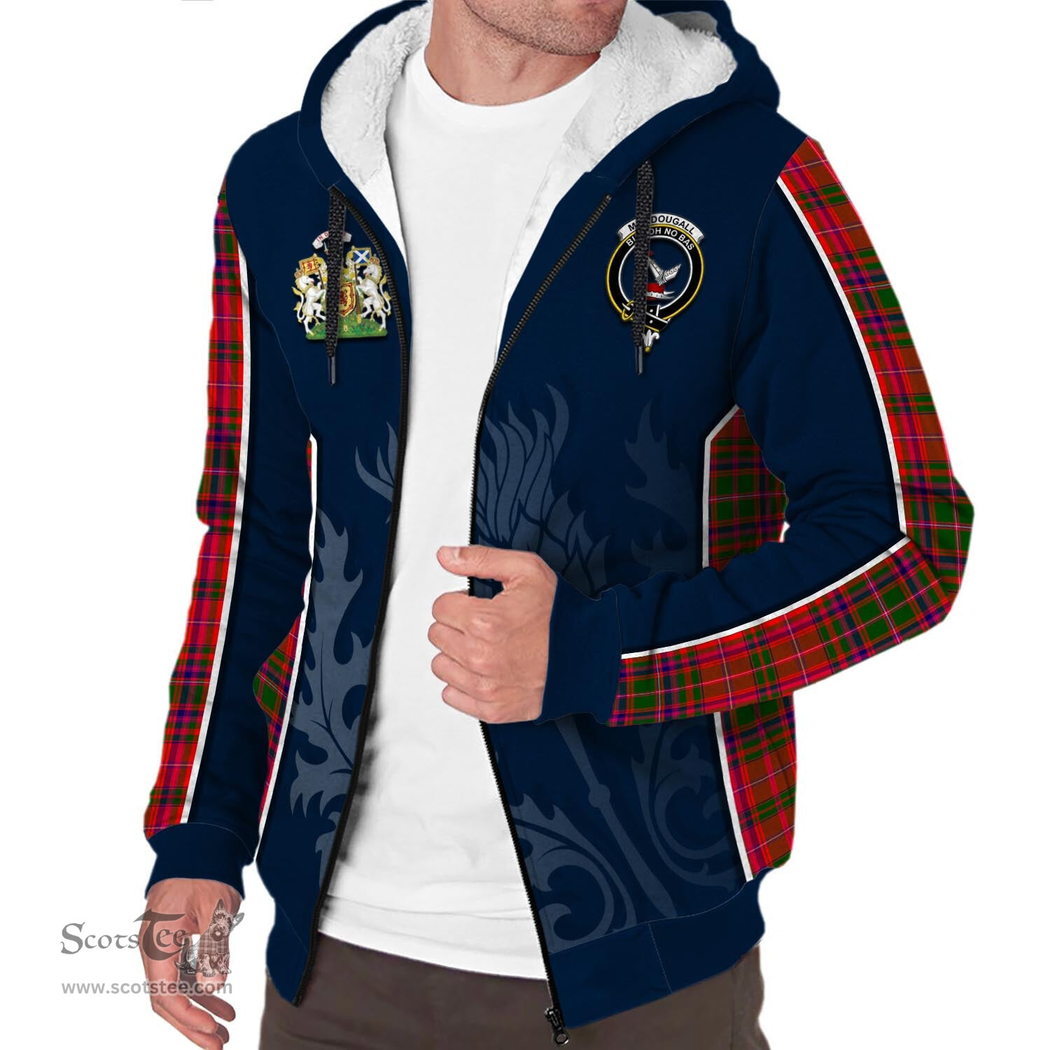 ScotsTee Shop Scottish MacDougall Modern Clan Scottish Crest and Scottish Thistle Sport Tartan Sherpa Hoodie