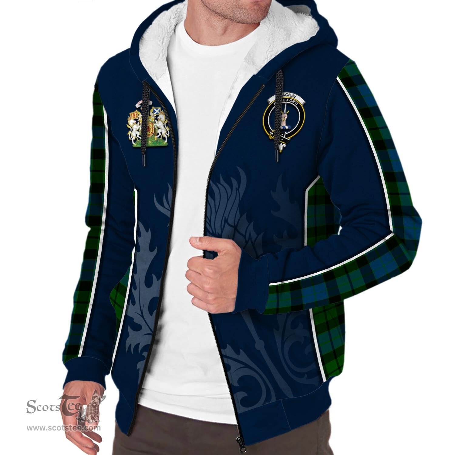ScotsTee Shop Scottish MacKay Modern Clan Scottish Crest and Scottish Thistle Sport Tartan Sherpa Hoodie