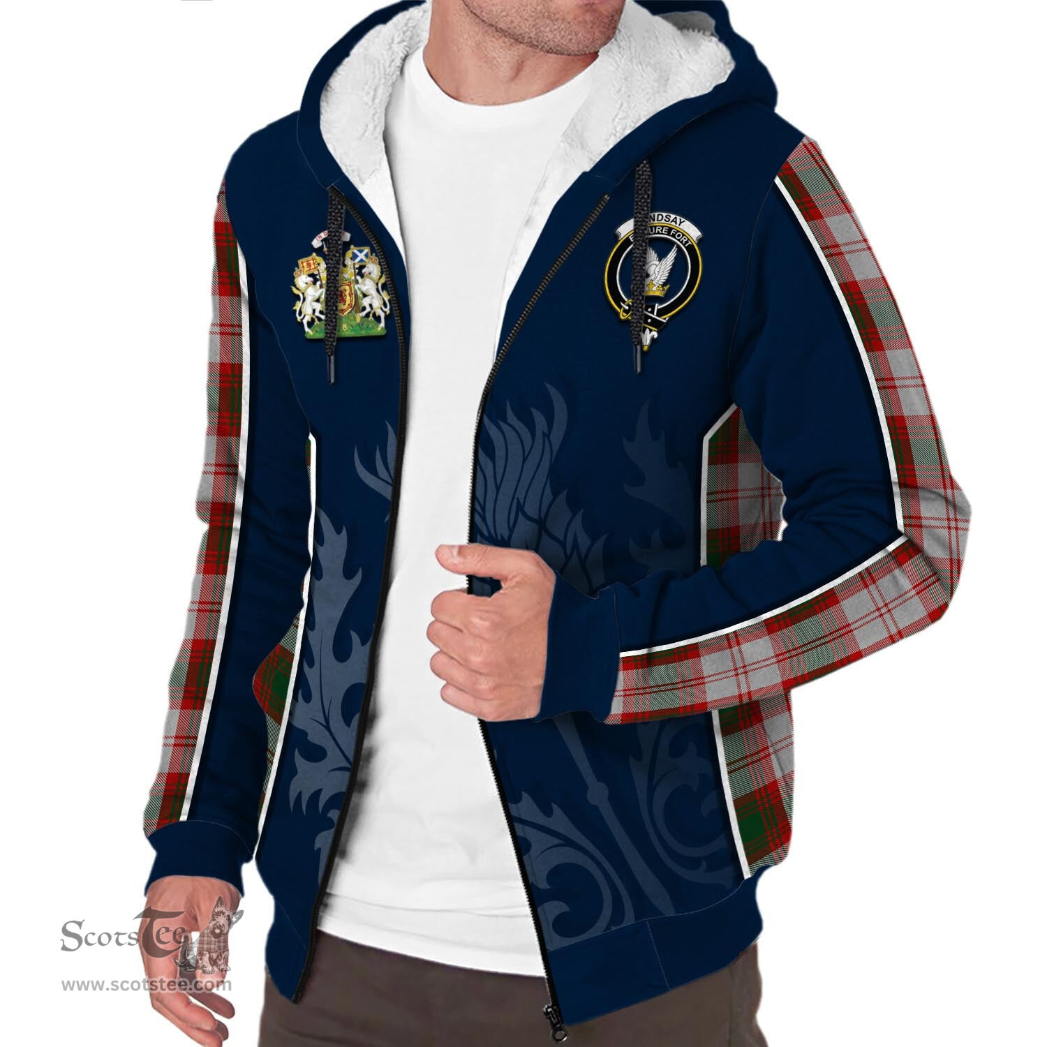 ScotsTee Shop Scottish Lindsay Dress Red Clan Scottish Crest and Scottish Thistle Sport Tartan Sherpa Hoodie