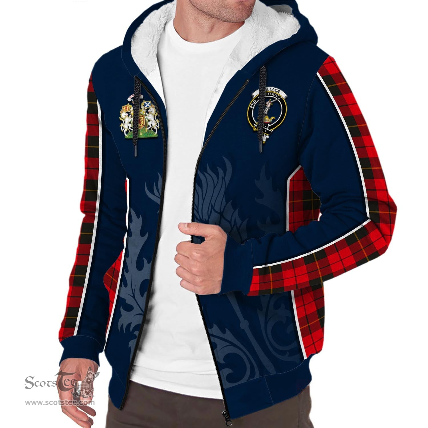 ScotsTee Shop Scottish Wallace Weathered Clan Scottish Crest and Scottish Thistle Sport Tartan Sherpa Hoodie