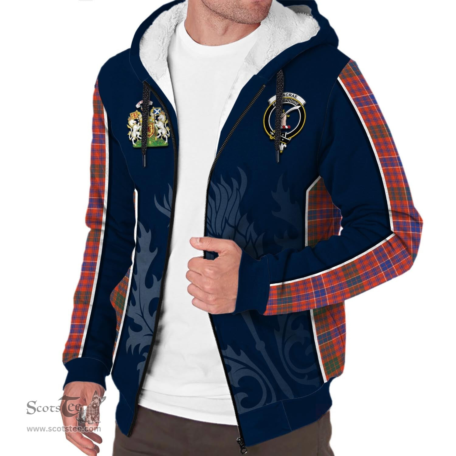 ScotsTee Shop Scottish MacRae Ancient Clan Scottish Crest and Scottish Thistle Sport Tartan Sherpa Hoodie