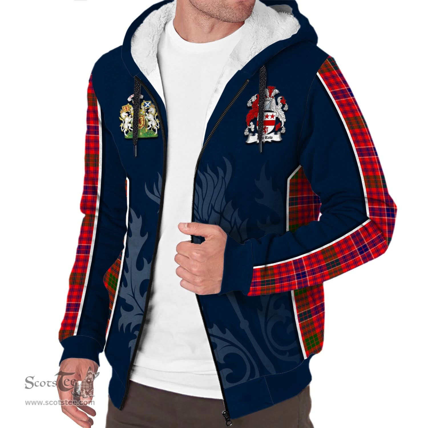 ScotsTee Shop Scottish MacRow Clan Scottish Crest and Scottish Thistle Sport Tartan Sherpa Hoodie