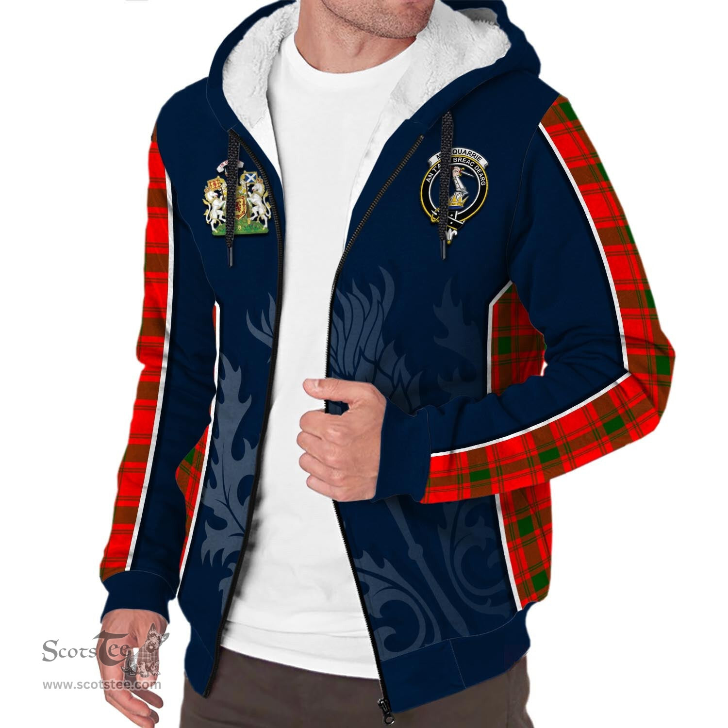 ScotsTee Shop Scottish MacQuarrie Modern Clan Scottish Crest and Scottish Thistle Sport Tartan Sherpa Hoodie