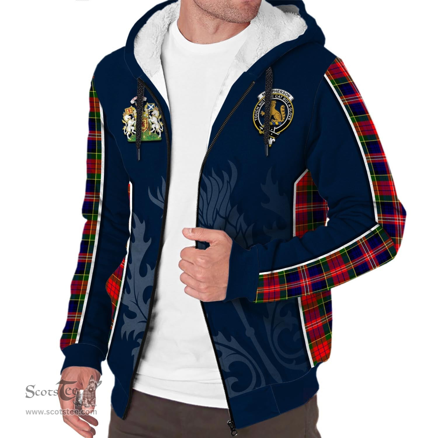 ScotsTee Shop Scottish MacPherson Modern Clan Scottish Crest and Scottish Thistle Sport Tartan Sherpa Hoodie