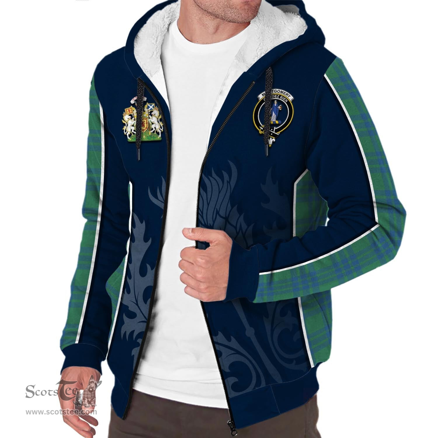ScotsTee Shop Scottish Montgomery Ancient Clan Scottish Crest and Scottish Thistle Sport Tartan Sherpa Hoodie