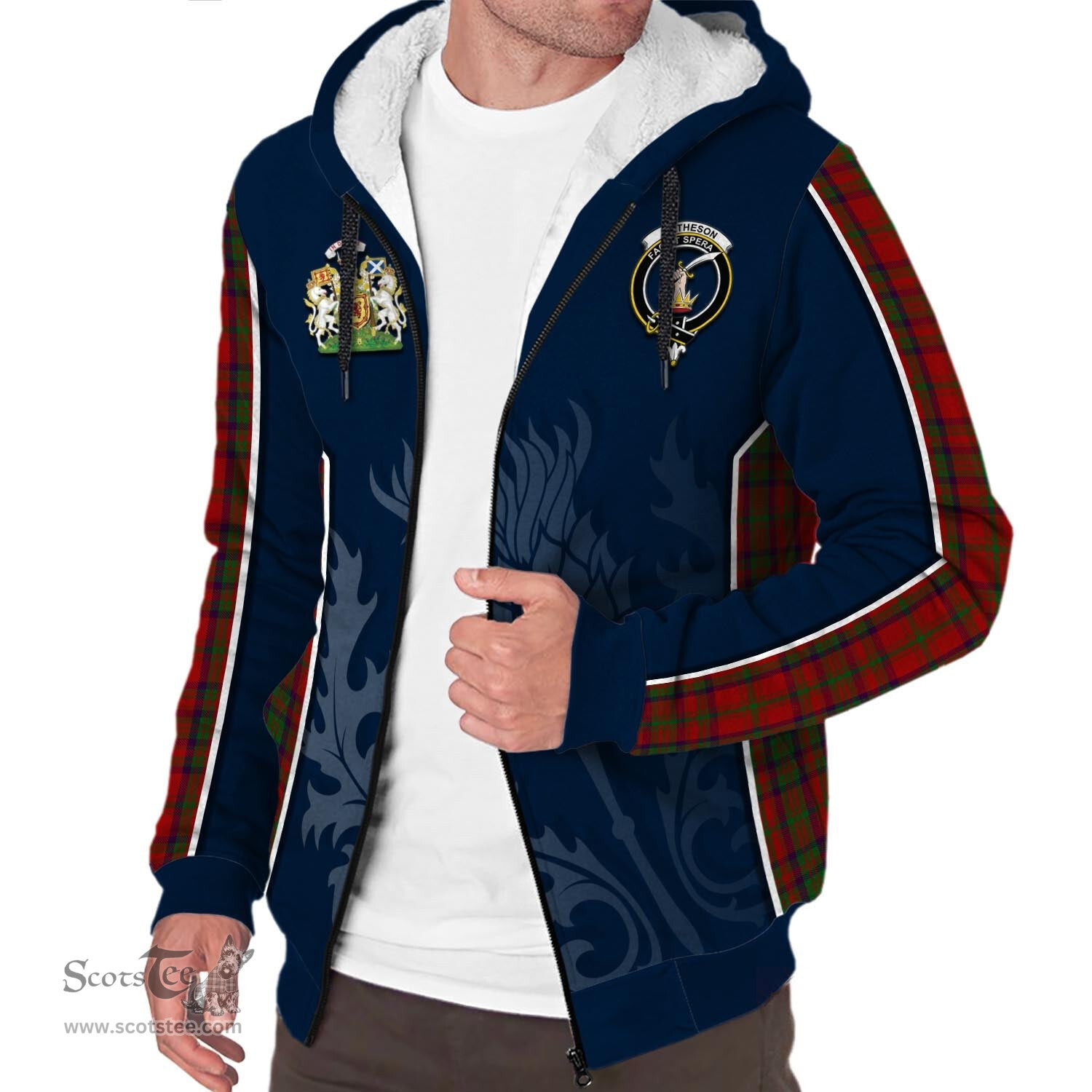 ScotsTee Shop Scottish Matheson Dress Clan Scottish Crest and Scottish Thistle Sport Tartan Sherpa Hoodie