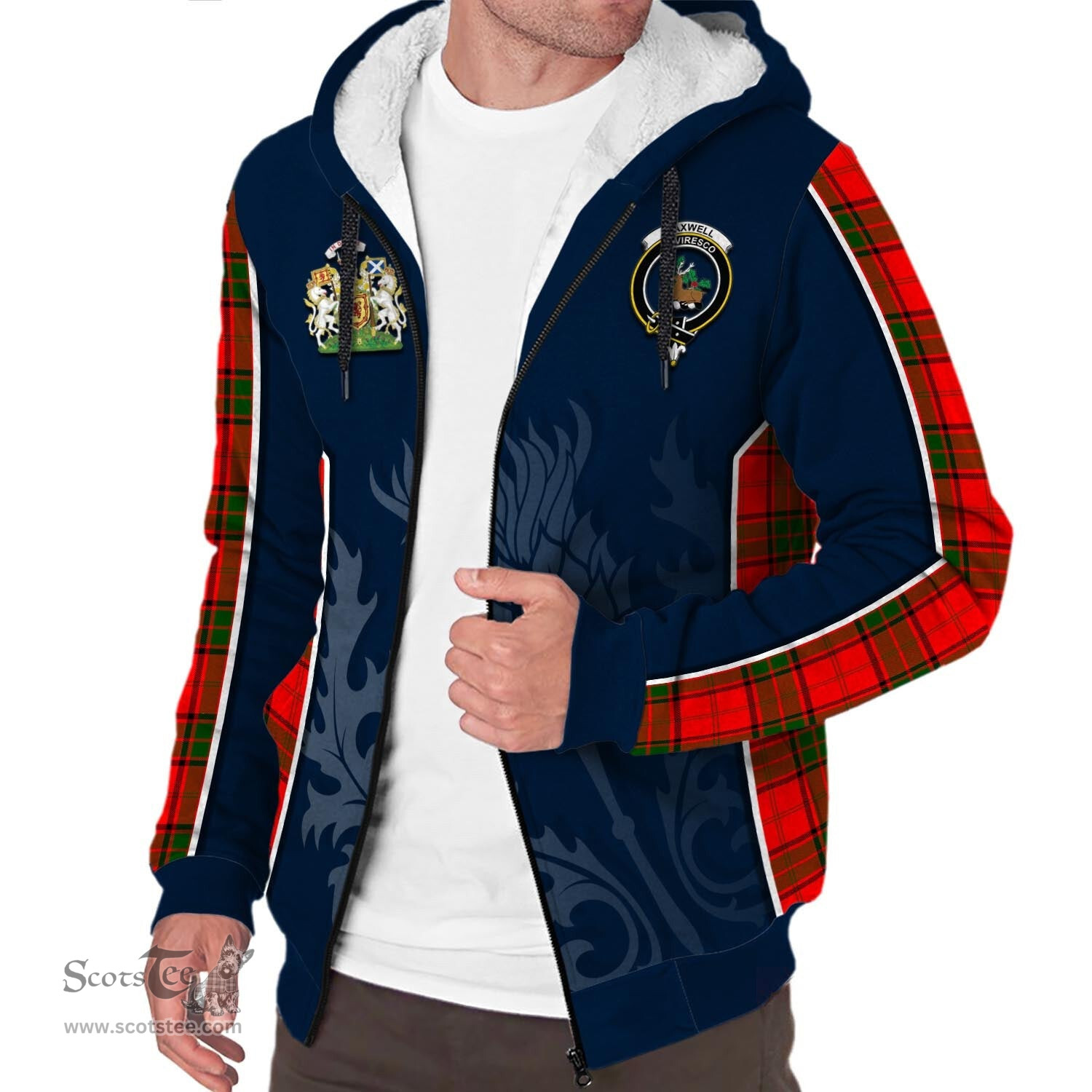 ScotsTee Shop Scottish Maxwell Modern Clan Scottish Crest and Scottish Thistle Sport Tartan Sherpa Hoodie