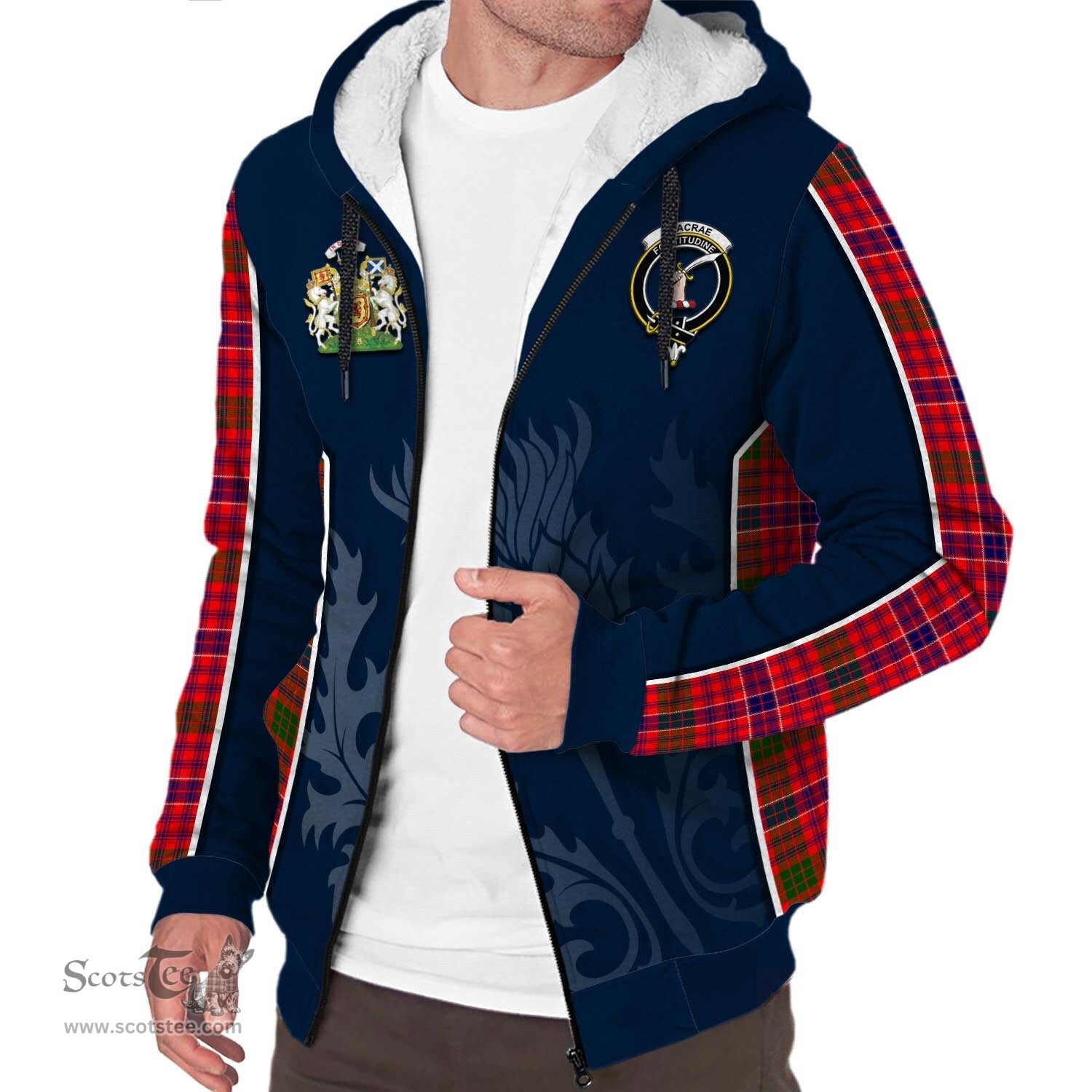 ScotsTee Shop Scottish MacRae Modern Clan Scottish Crest and Scottish Thistle Sport Tartan Sherpa Hoodie