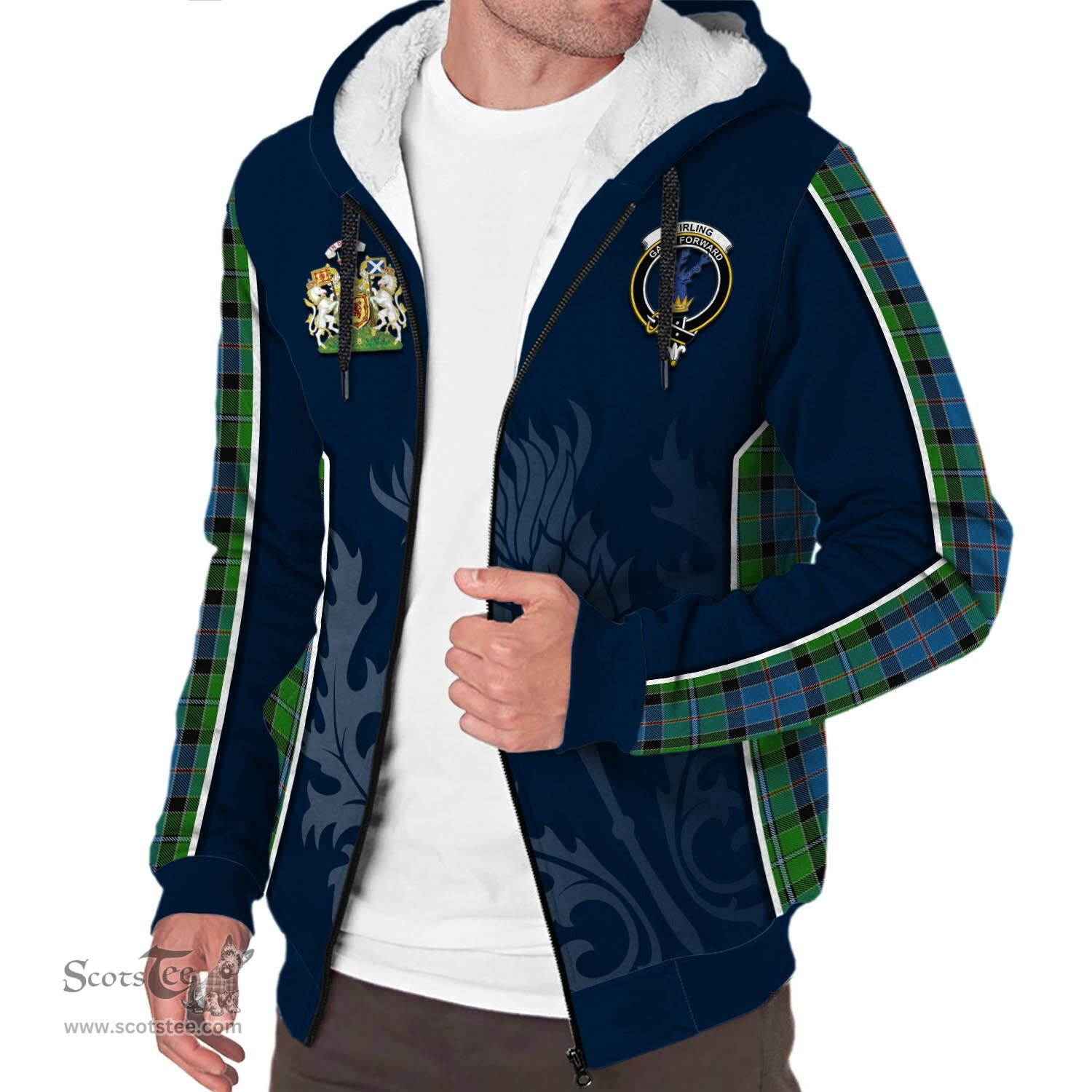 ScotsTee Shop Scottish Stirling Clan Scottish Crest and Scottish Thistle Sport Tartan Sherpa Hoodie