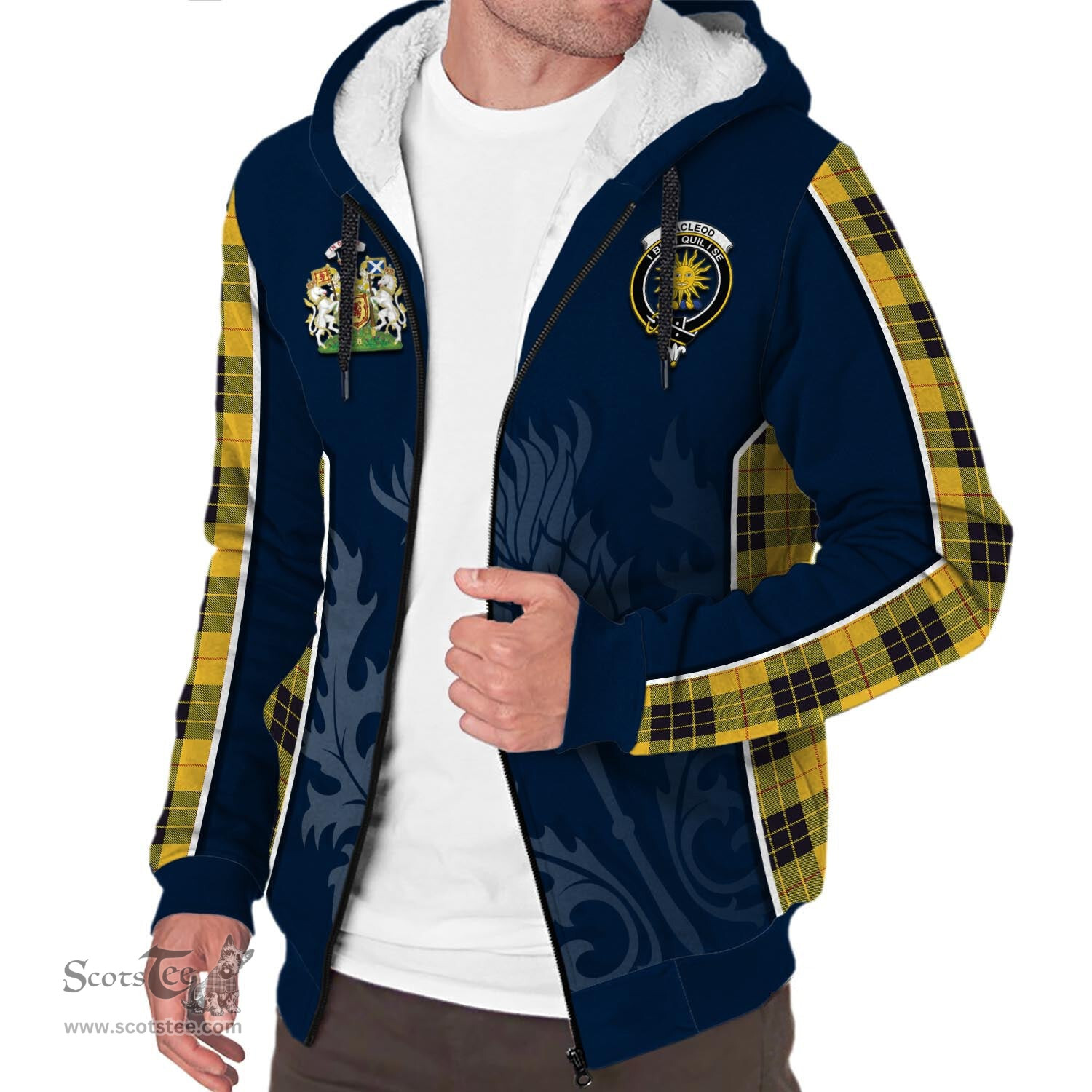 ScotsTee Shop Scottish MacLeod of Lewis Ancient Clan Scottish Crest and Scottish Thistle Sport Tartan Sherpa Hoodie