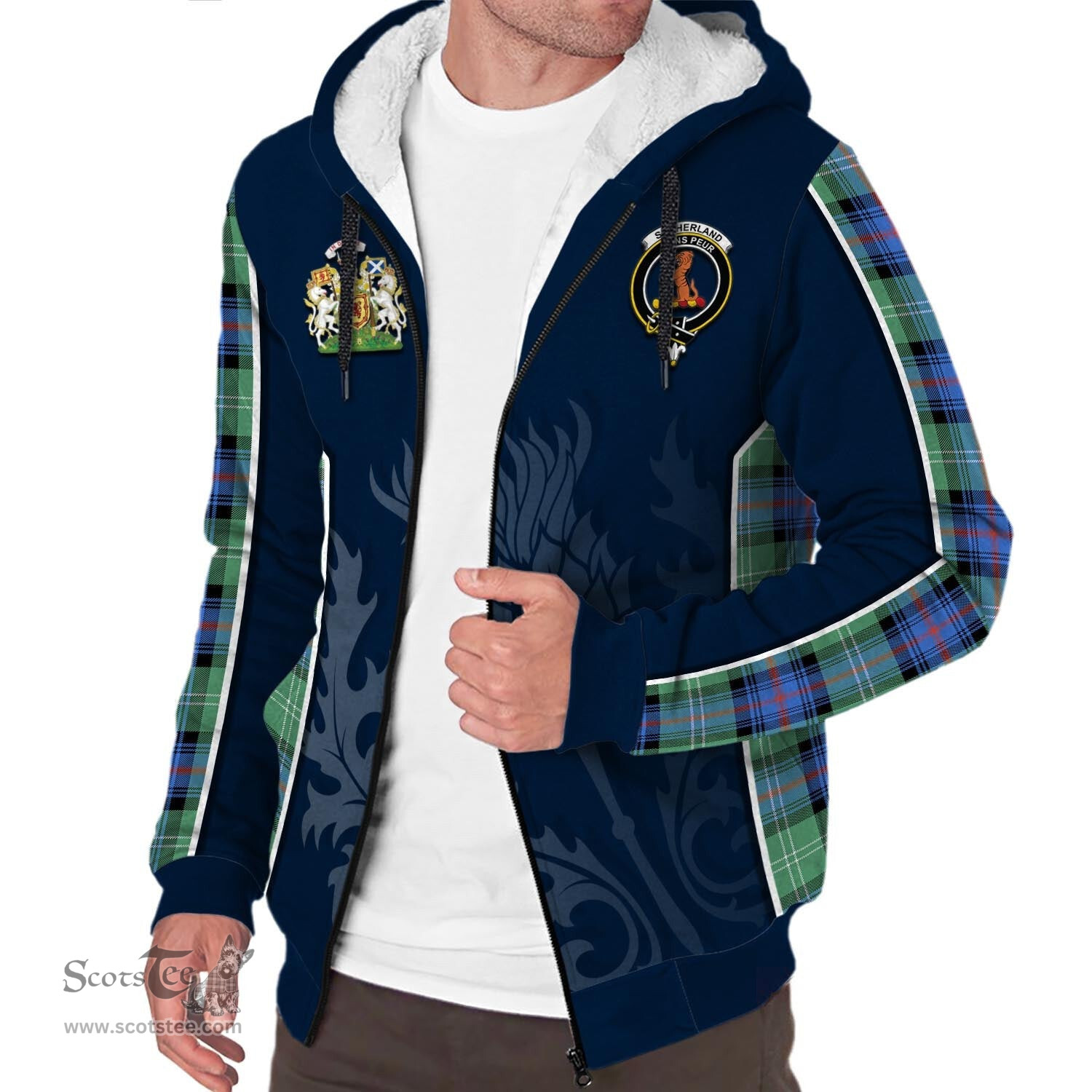 ScotsTee Shop Scottish Sutherland Ancient Clan Scottish Crest and Scottish Thistle Sport Tartan Sherpa Hoodie