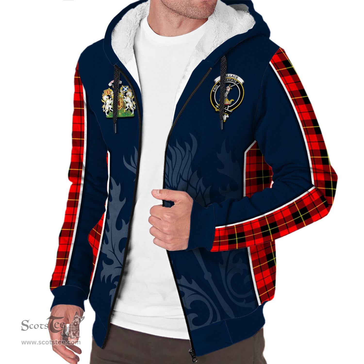 ScotsTee Shop Scottish Wallace Hunting Red Clan Scottish Crest and Scottish Thistle Sport Tartan Sherpa Hoodie