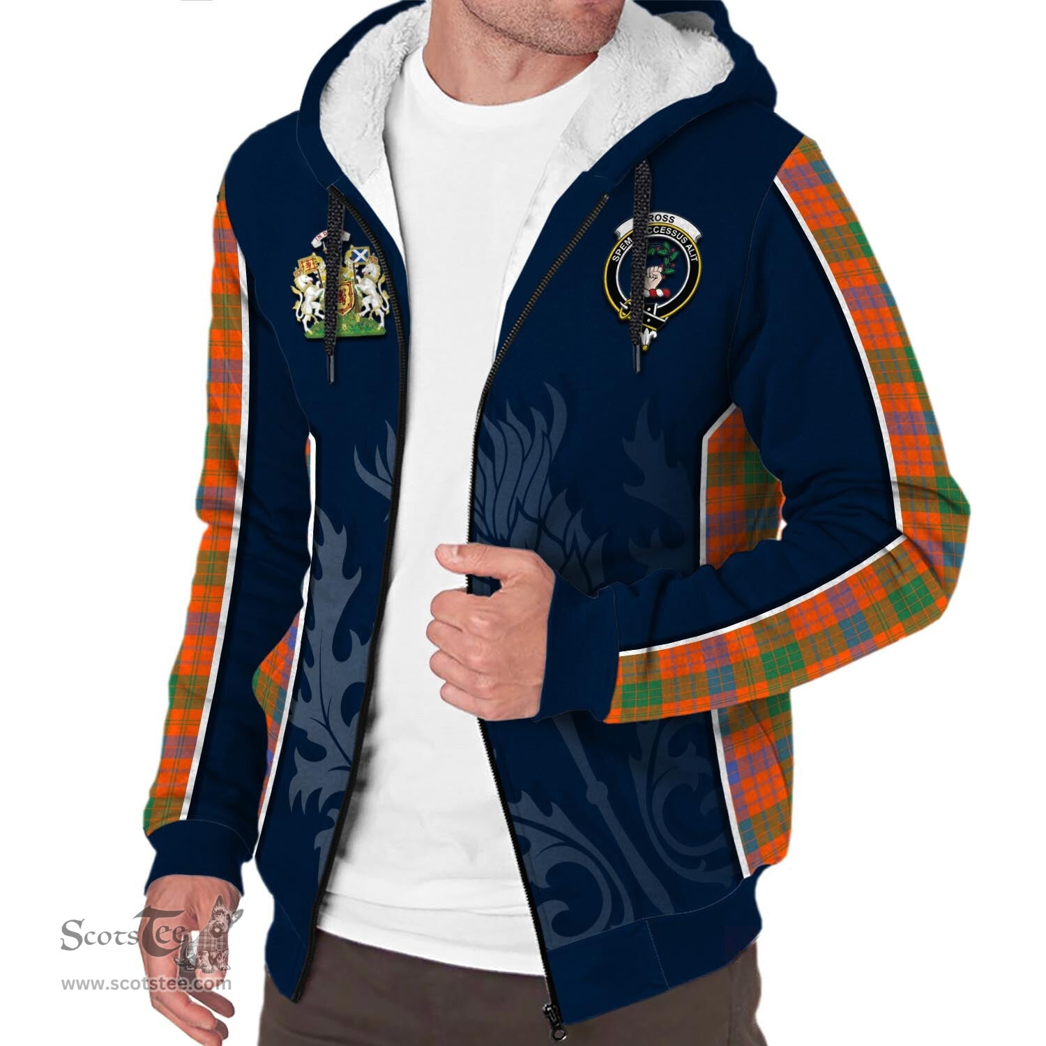ScotsTee Shop Scottish Ross Ancient Clan Scottish Crest and Scottish Thistle Sport Tartan Sherpa Hoodie