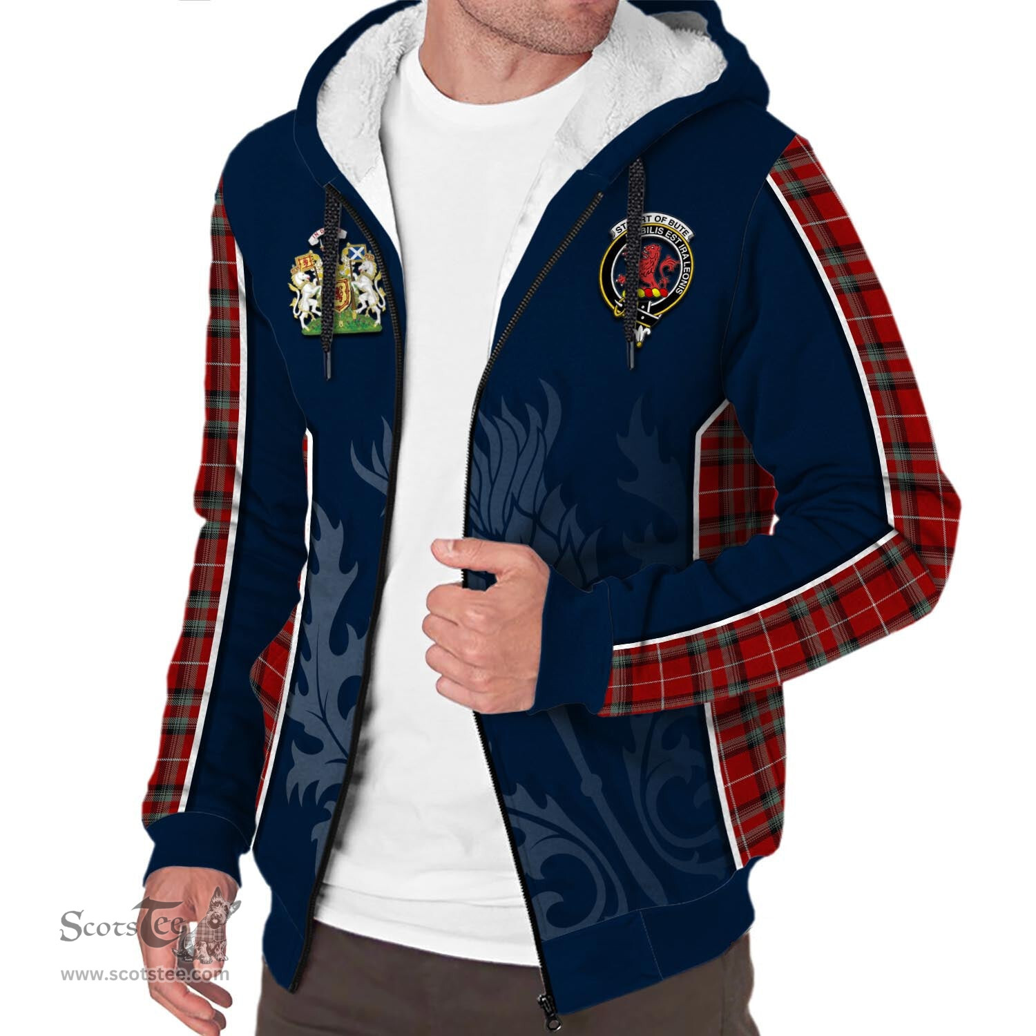 ScotsTee Shop Scottish Stuart of Bute Clan Scottish Crest and Scottish Thistle Sport Tartan Sherpa Hoodie