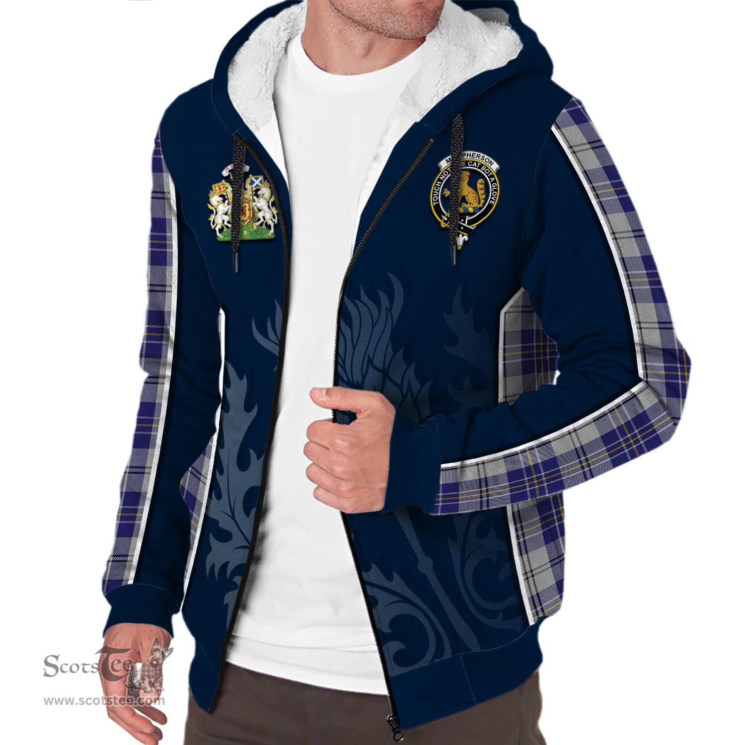 ScotsTee Shop Scottish MacPherson Dress Blue Clan Scottish Crest and Scottish Thistle Sport Tartan Sherpa Hoodie