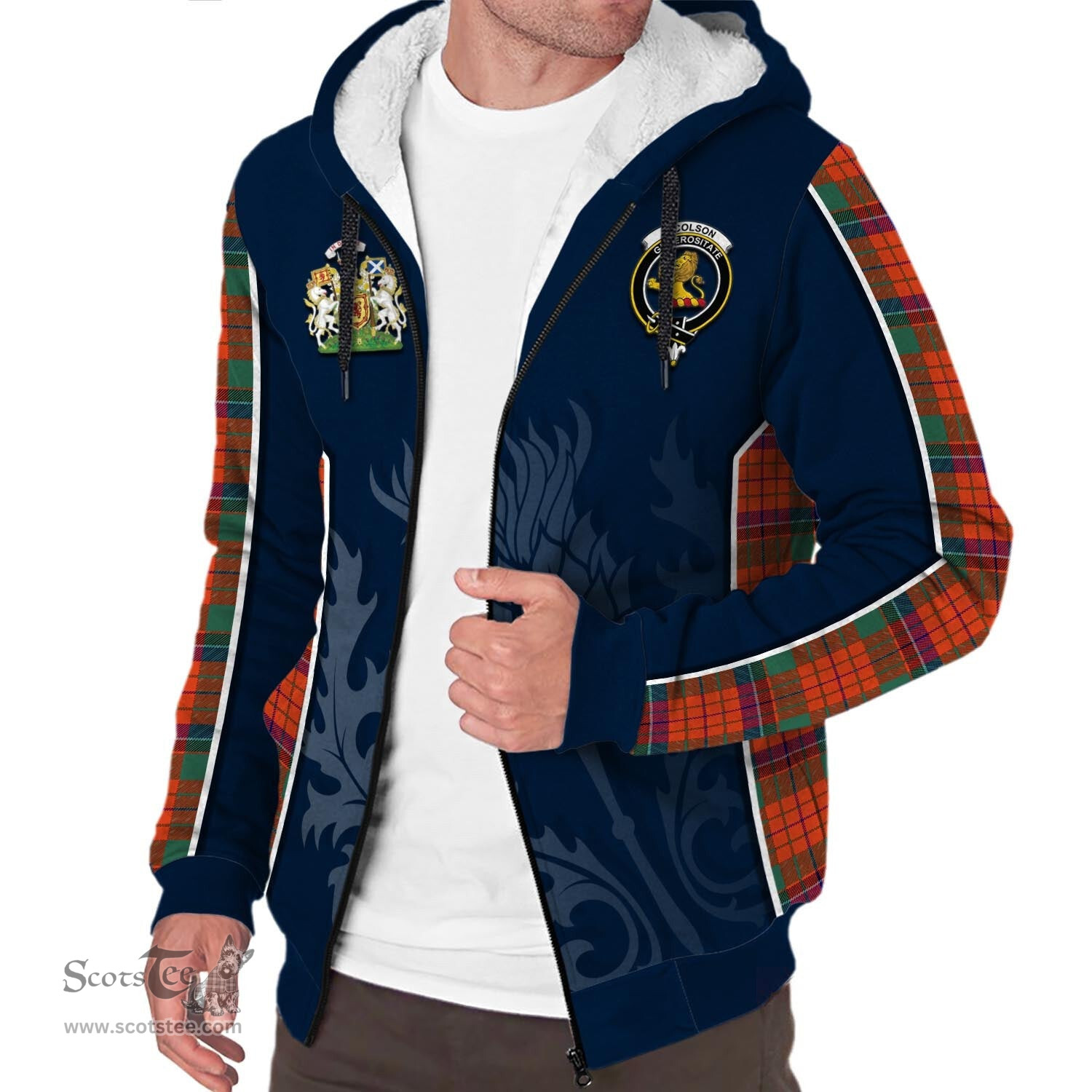 ScotsTee Shop Scottish Nicolson Ancient Clan Scottish Crest and Scottish Thistle Sport Tartan Sherpa Hoodie