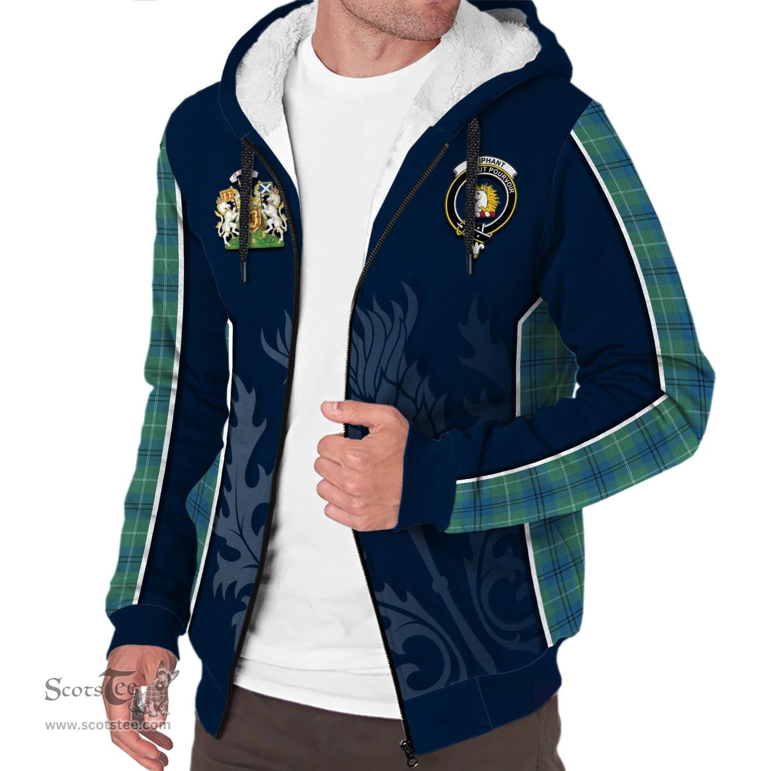 ScotsTee Shop Scottish Oliphant Ancient Clan Scottish Crest and Scottish Thistle Sport Tartan Sherpa Hoodie