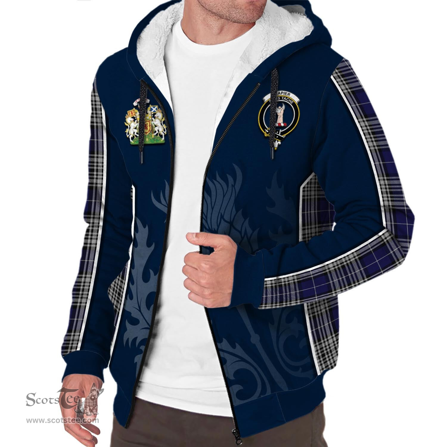 ScotsTee Shop Scottish Napier Clan Scottish Crest and Scottish Thistle Sport Tartan Sherpa Hoodie