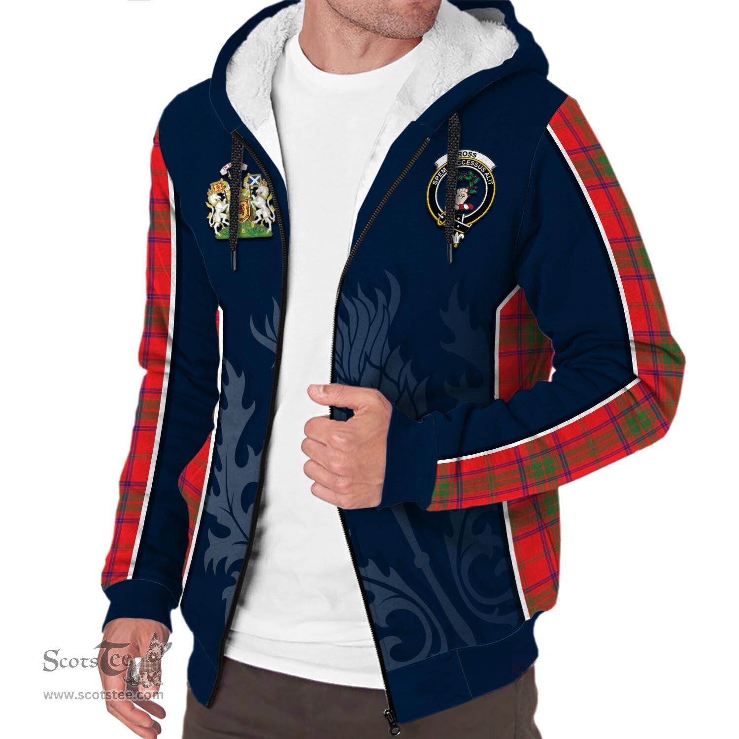 ScotsTee Shop Scottish Ross Modern Clan Scottish Crest and Scottish Thistle Sport Tartan Sherpa Hoodie
